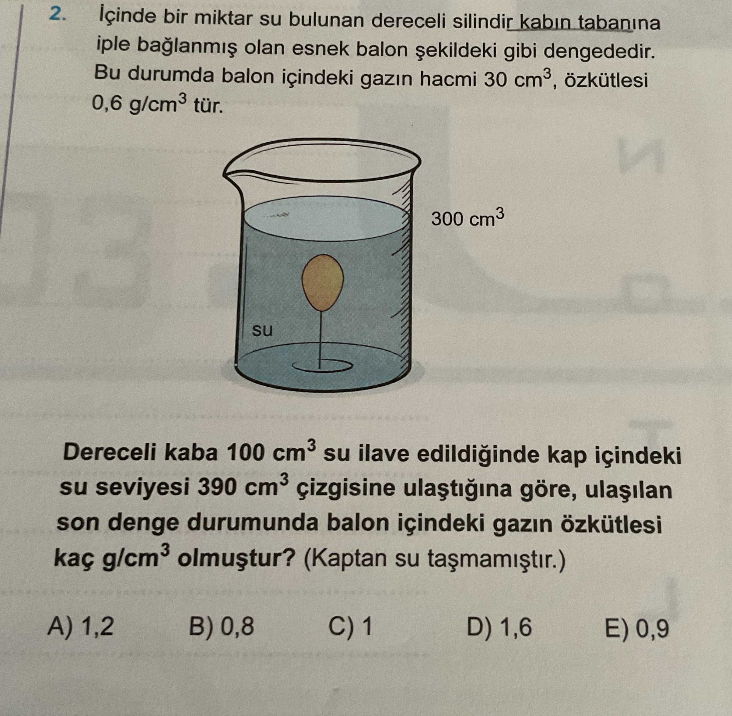 İçinde bir miktar su bulunan dereceli silindir kabın tabanına iple bağlanmış olan esnek balon
