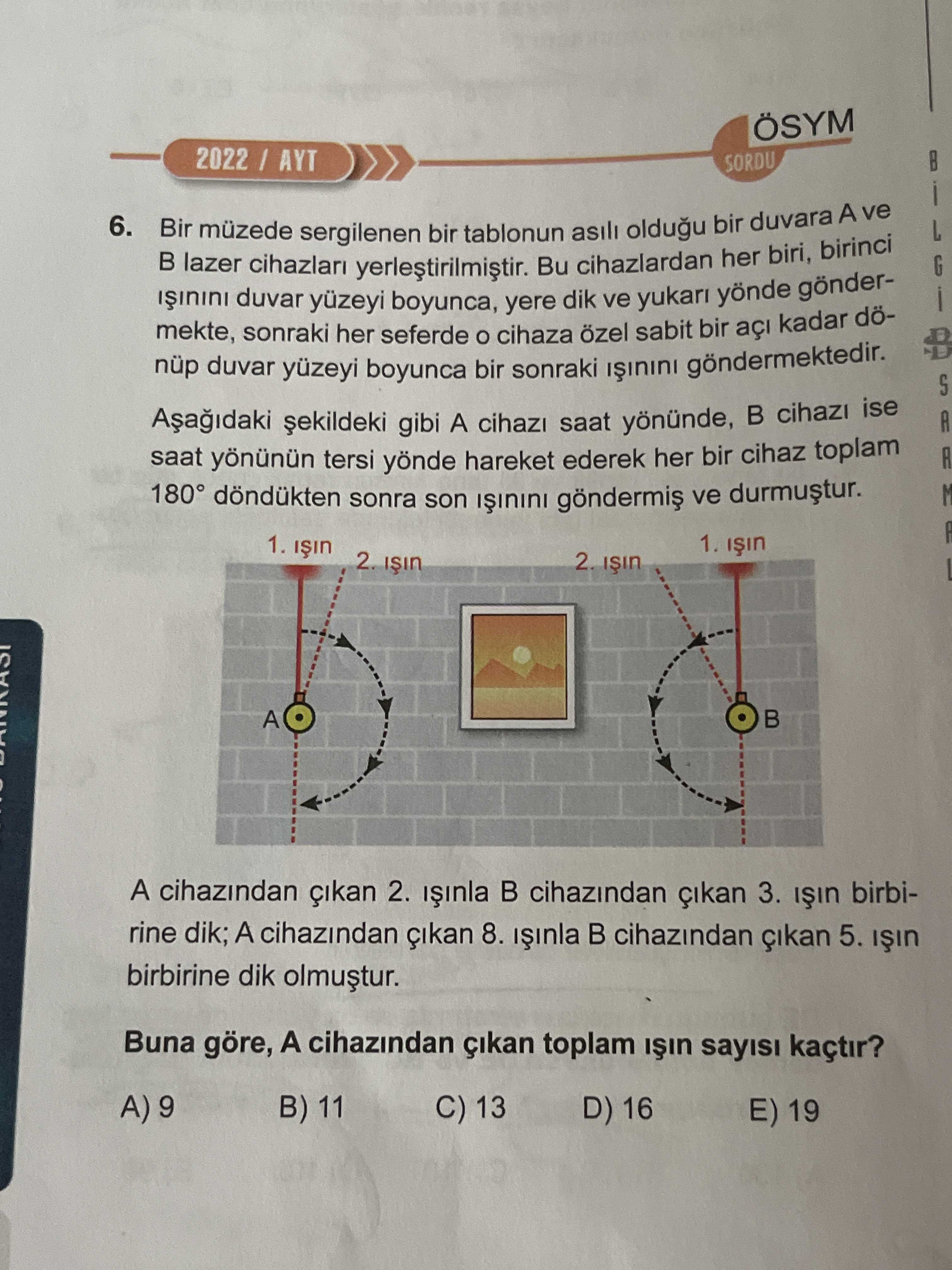 Bir müzede sergilenen bir tablonun asılı olduğu bir duvara A ve B lazer cihazları yerleştirilmiştir