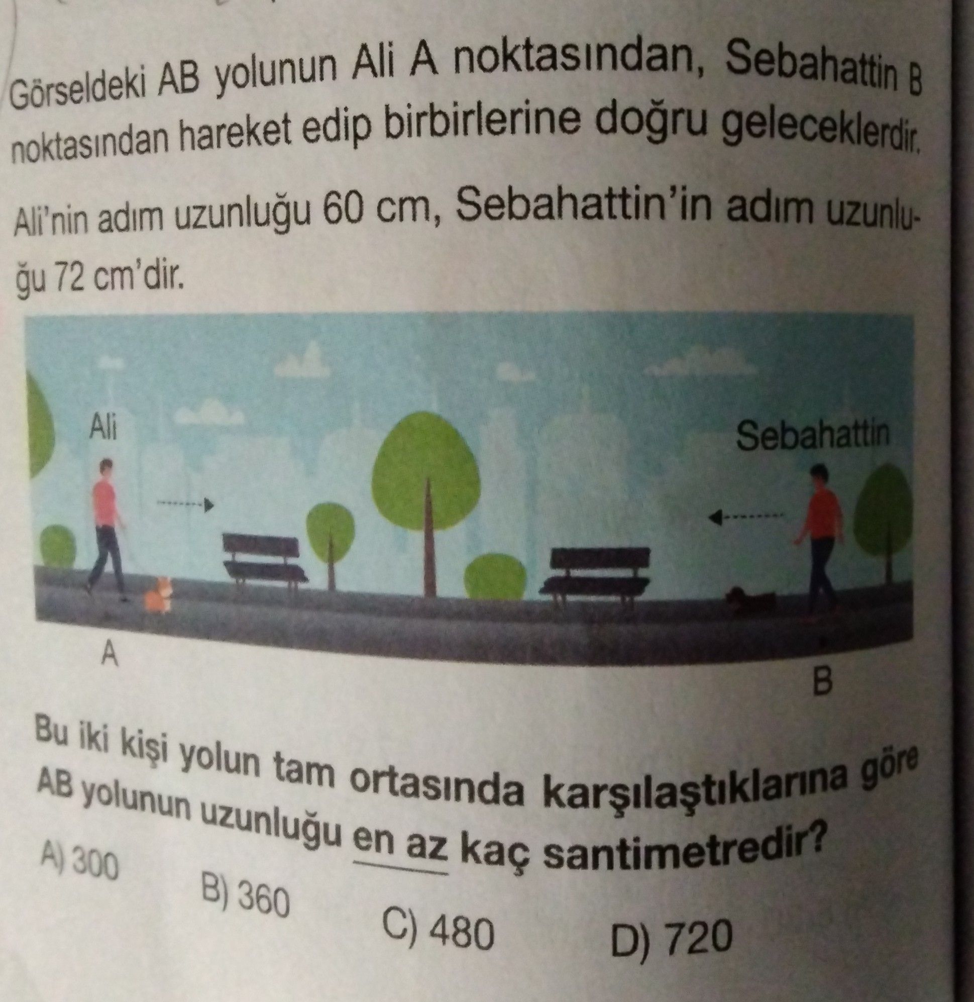 Görseldeki AB yolunun Ali A noktasından, Sebahattin B noktasından hareket edip birbirlerine doğru
