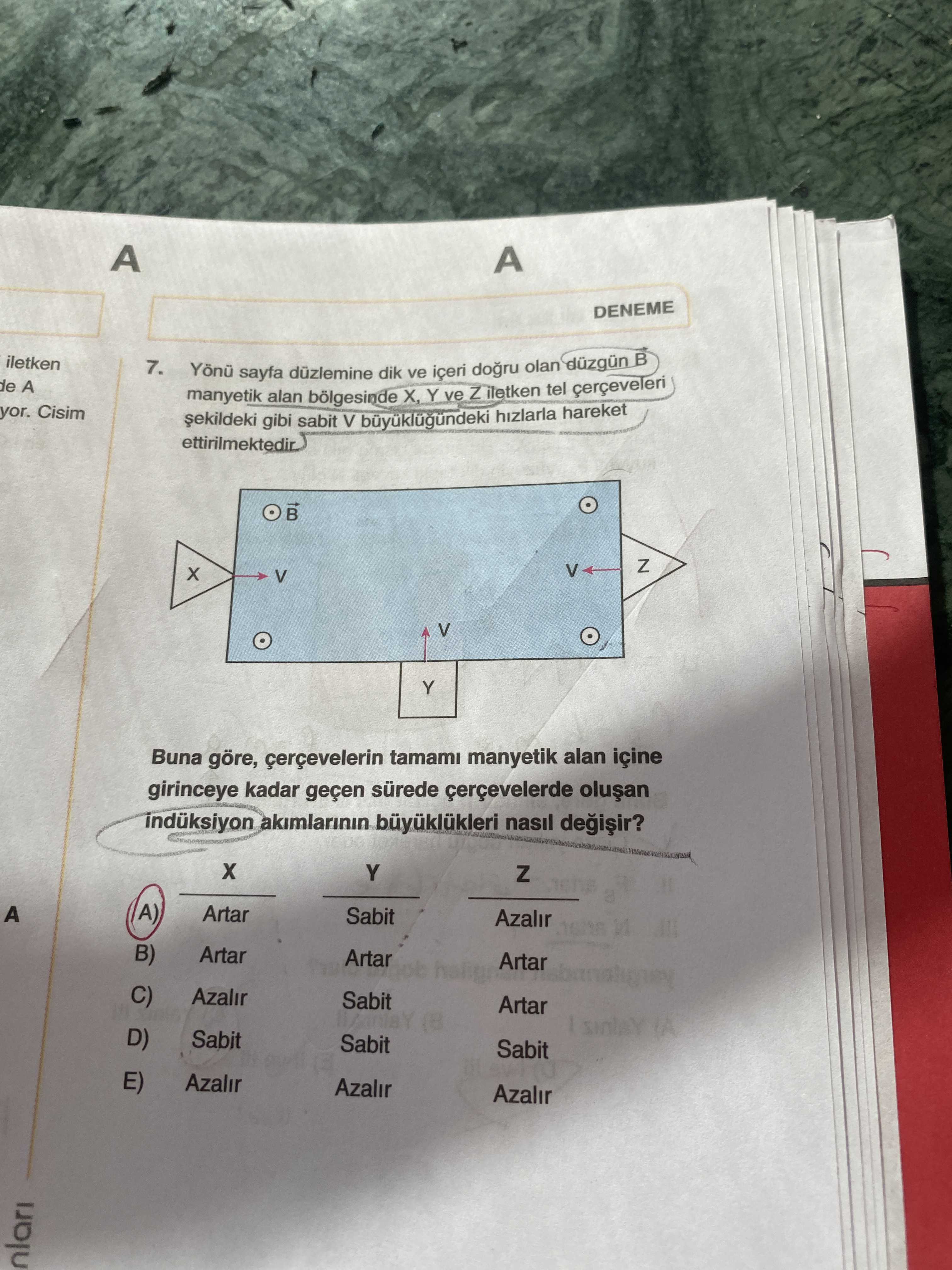 Yönü sayfa düzlemine dik ve içeri doğru olan düzgün B manyetik alan bölgesinde X, Y ve Z iletken tel