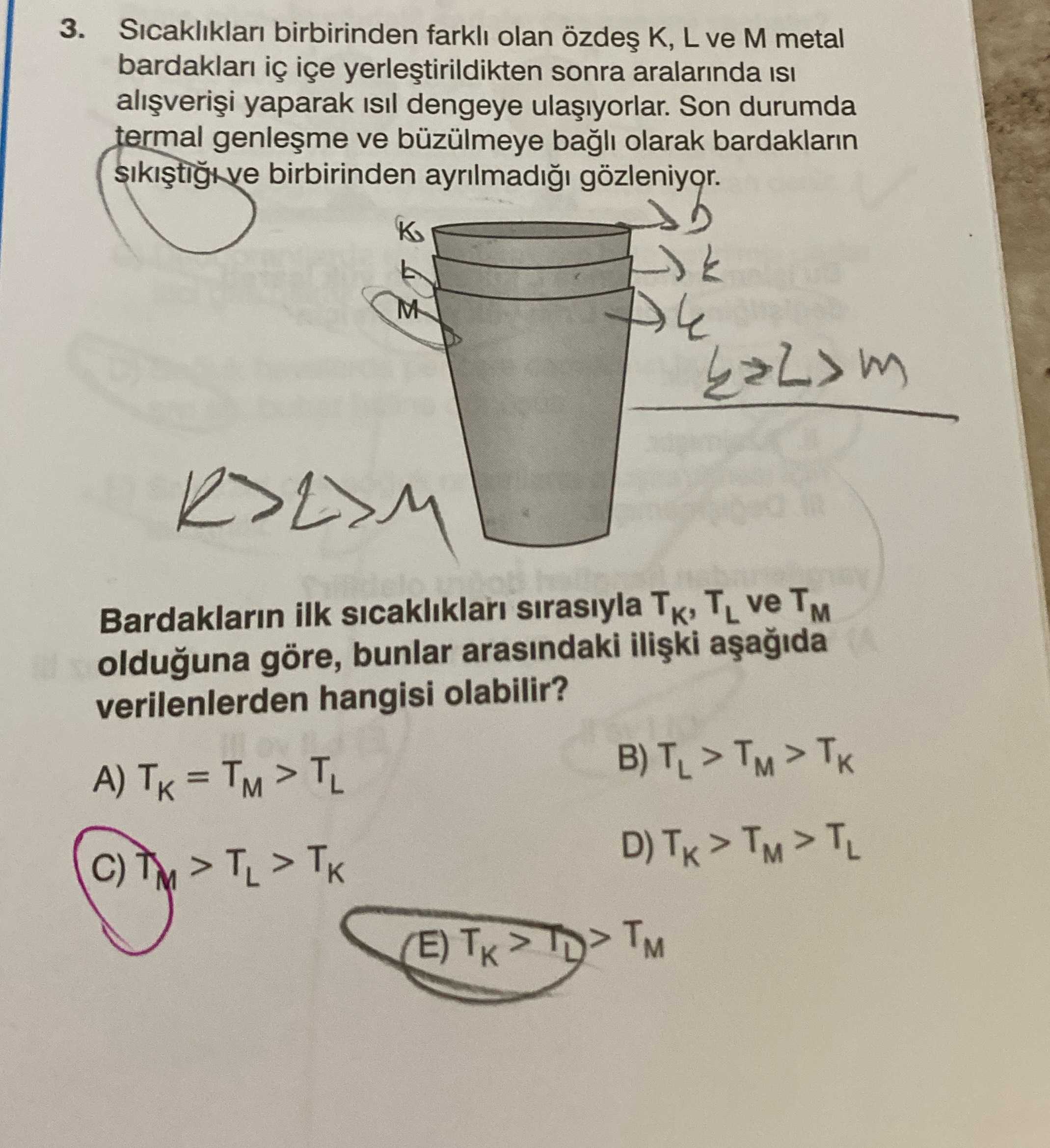 Sıcaklıkları birbirinden farklı olan özdeş K, L ve M metal bardakları iç içe yerleştirildikten sonra