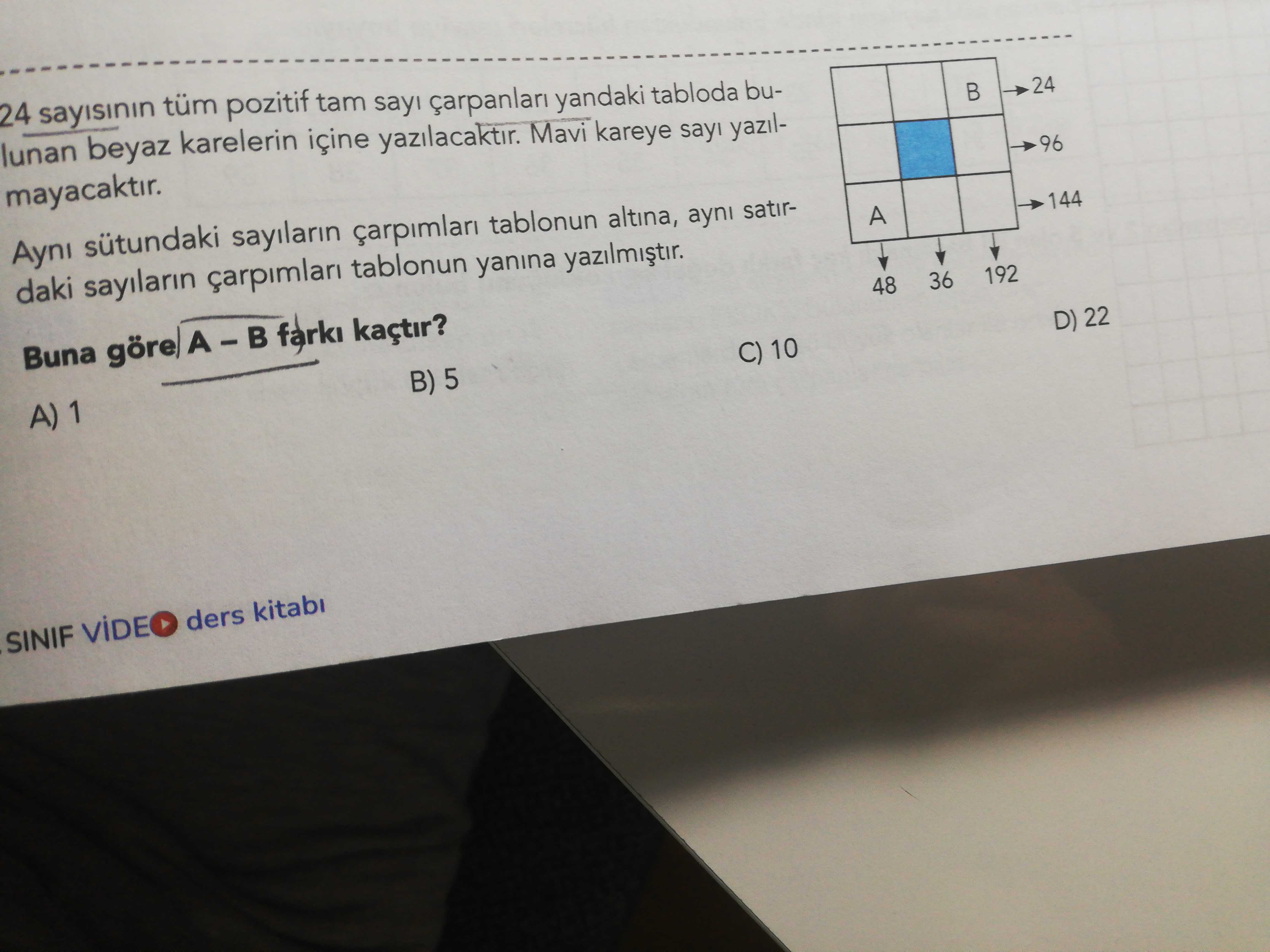 24 sayısının tüm pozitif tam sayı çarpanları yandaki tabloda bulunan beyaz karelerin içine