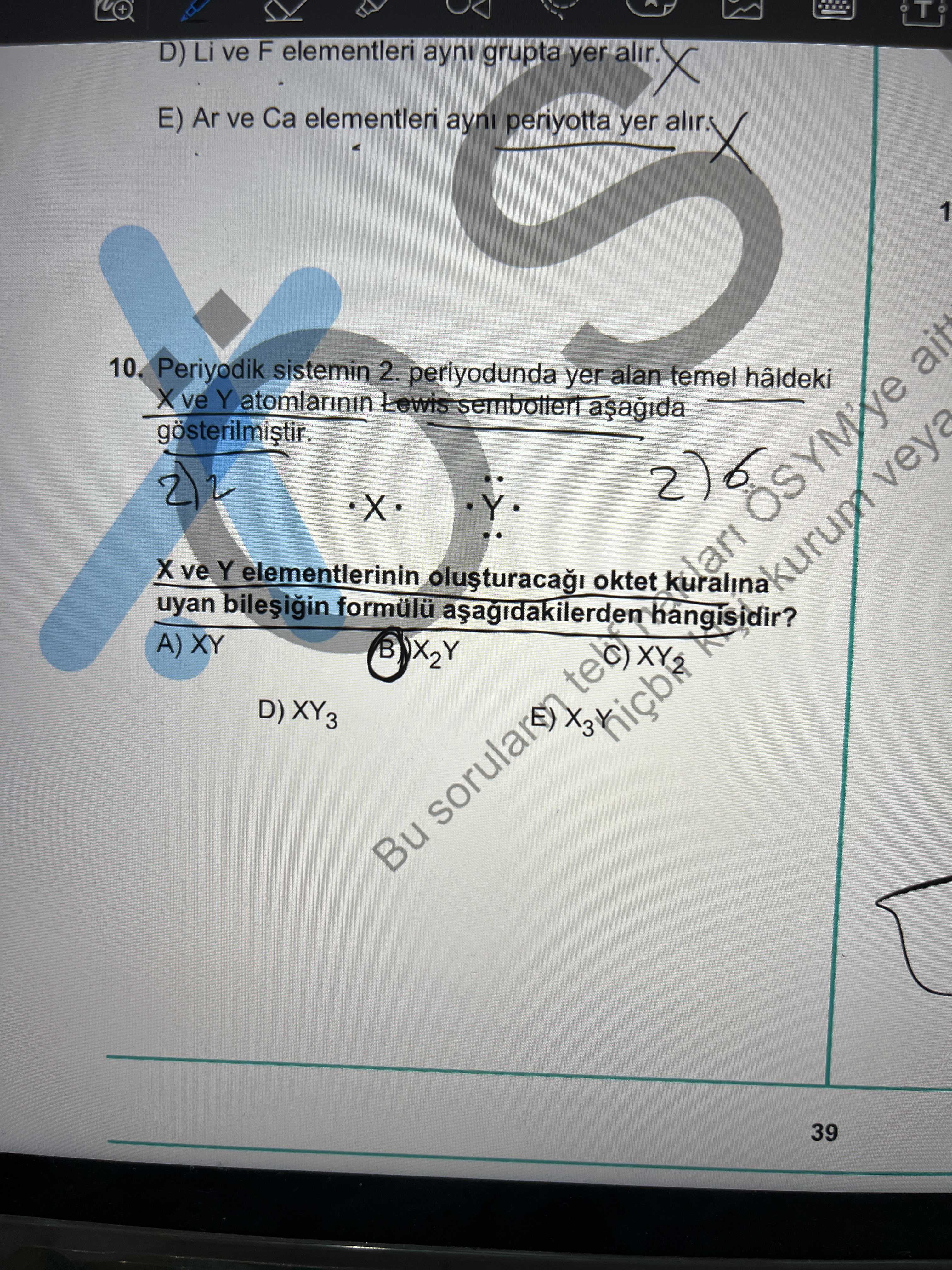 Periyodik sistemin 2. periyodunda yer alan temel hâldeki X ve Y atomlarının Lewis sembolleri aşağıda