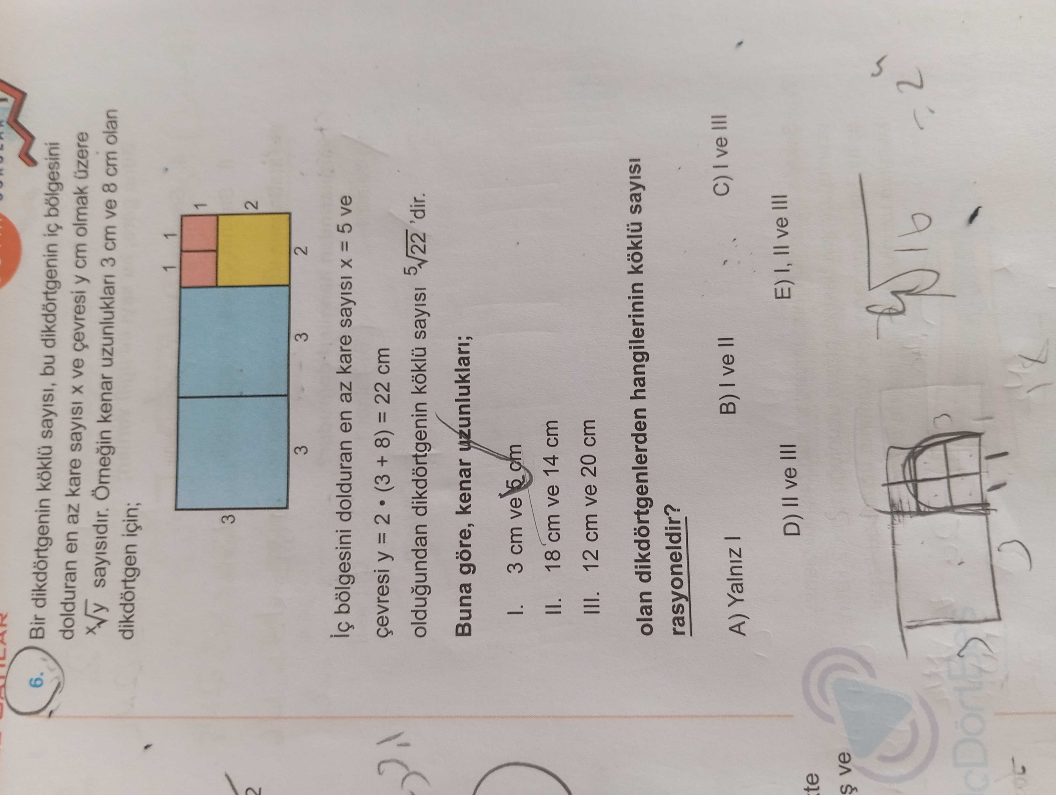 Bir dikdörtgenin köklü sayısı, bu dikdörtgenin iç bölgesini dolduran en az kare sayısı x ve çevresi