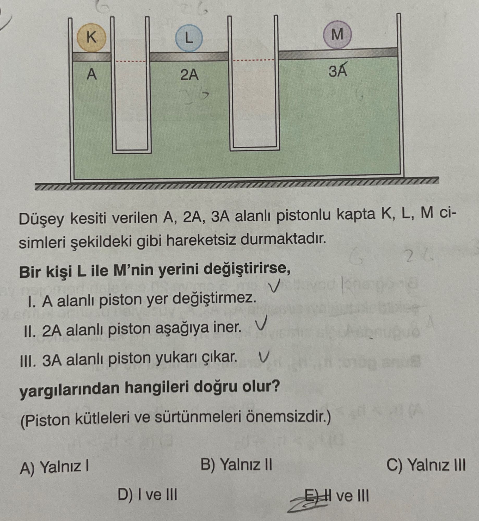 Düşey kesiti verilen A, 2A, 3A alanlı pistonlu kapta K, L, M cisimleri şekildeki gibi hareketsiz