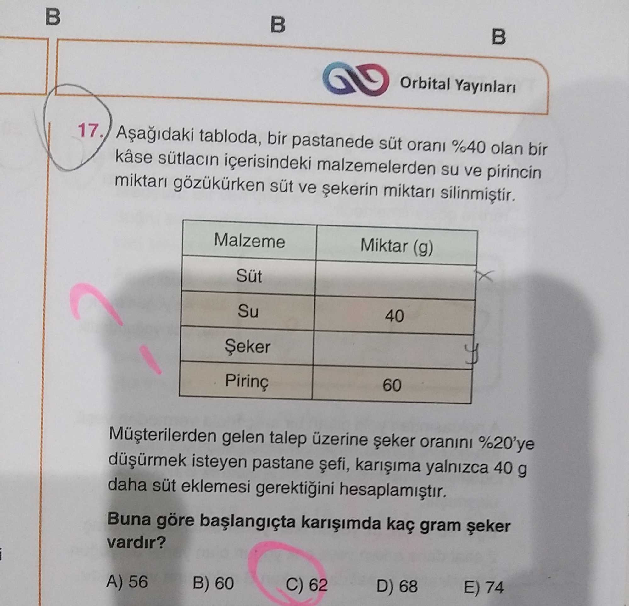 Aşağıdaki tabloda, bir pastanede süt oranı %40 olan bir kâse sütlacın içerisindeki malzemelerden su