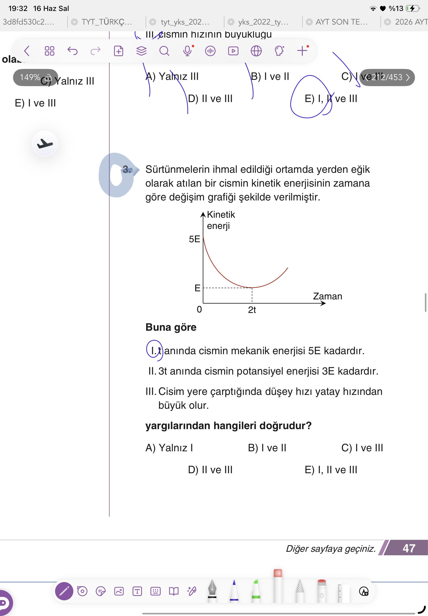 Sürtünmelerin ihmal edildiği ortamda yerden eğik olarak atılan bir cismin kinetik enerjisinin zamana