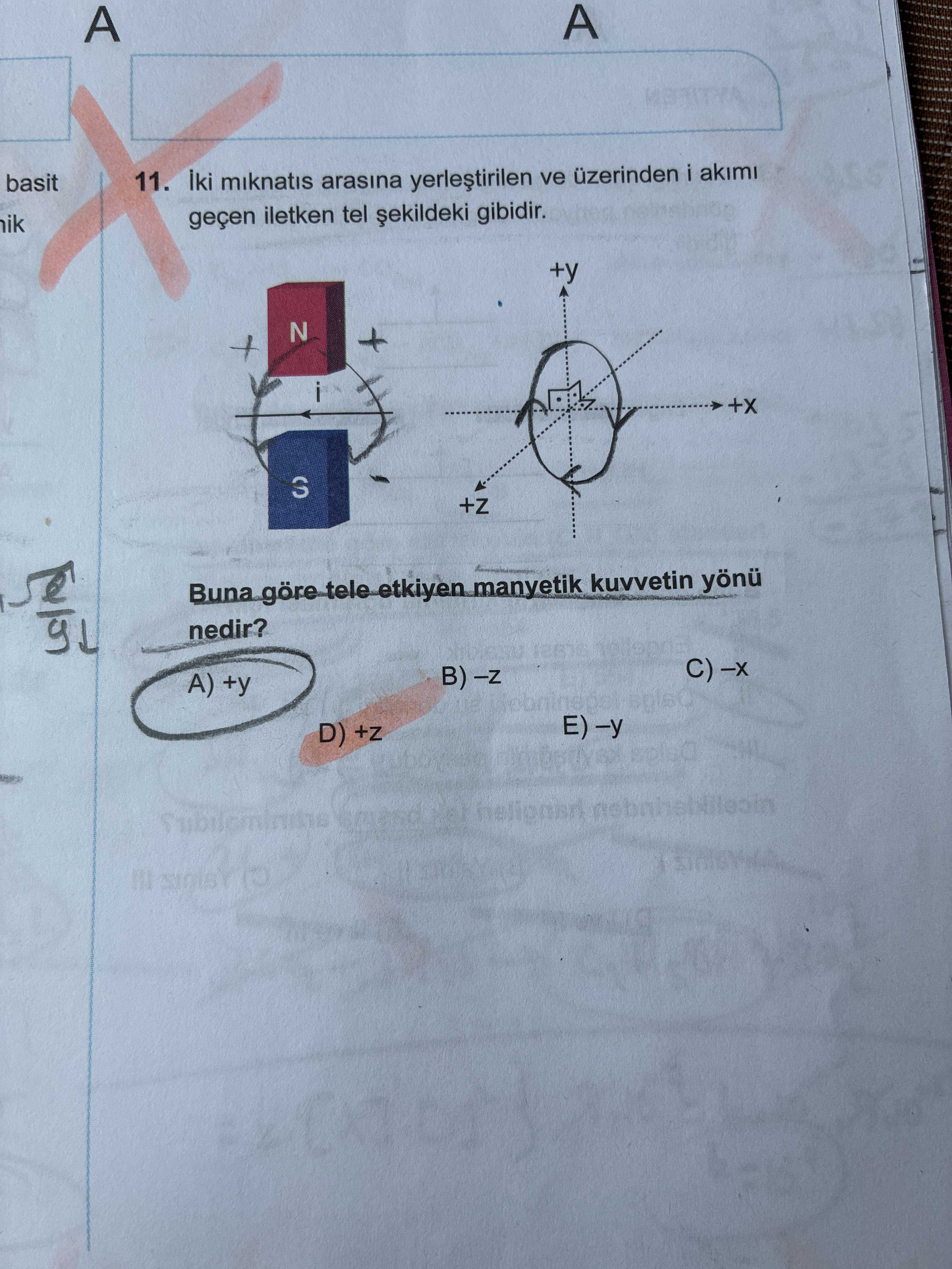 İki mıknatıs arasına yerleştirilen ve üzerinden i akımı geçen iletken tel şekildeki gibidir. Buna