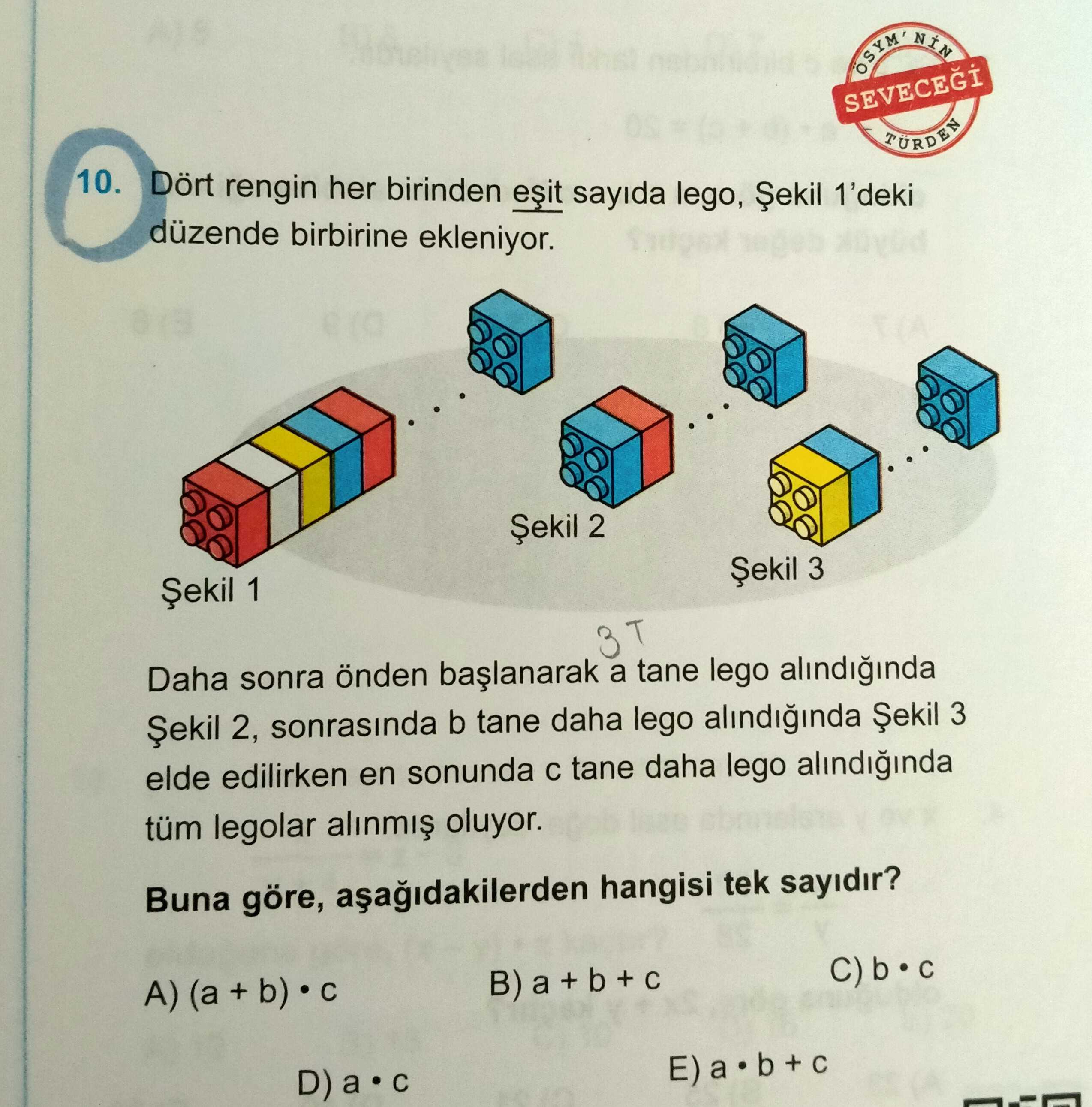 Dört rengin her birinden eşit sayıda lego, Şekil 1'deki düzende birbirine ekleniyor. Daha sonra