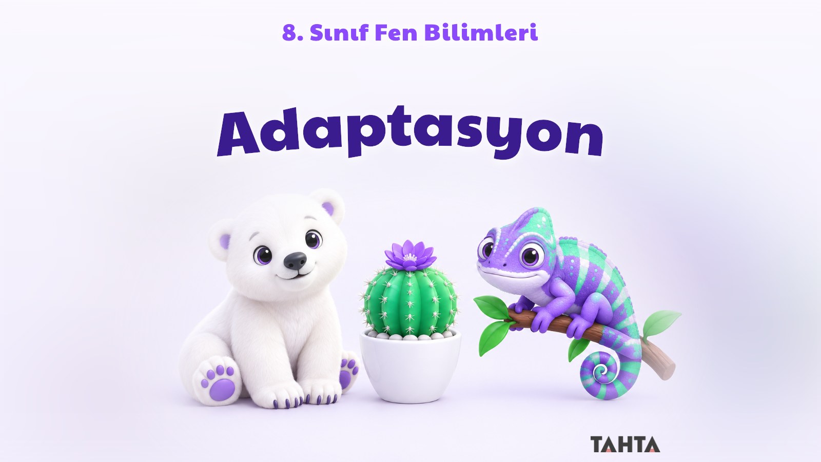 Kutup ayısı yavrusu, saksıda kaktüs ve dalda duran bukalemundan oluşan adaptasyon konulu kapak görseli
