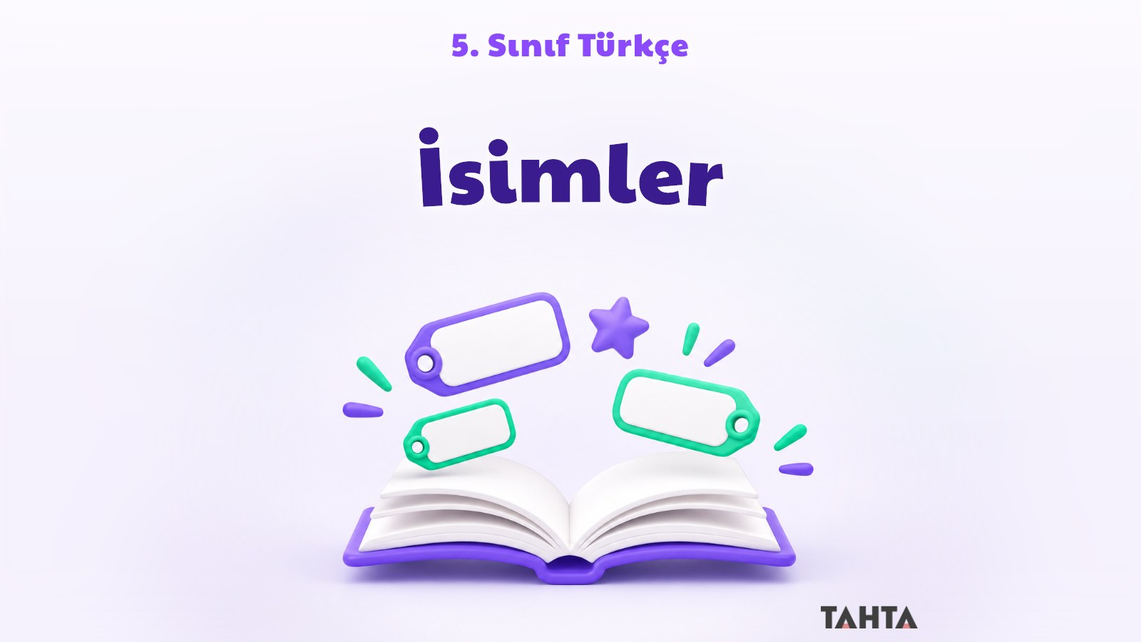 Açık kitap ve sözcük etiketleriyle isimler konusunu simgeleyen aydınlık kapak görseli