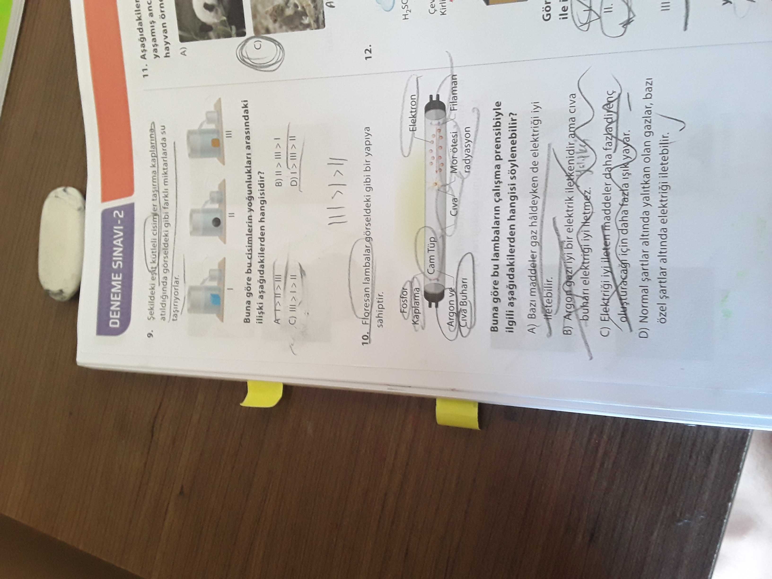 Şekildeki eşit kütleli cisimler taşırma kaplarına atıldığında görseldeki gibi farklı miktarlarda su