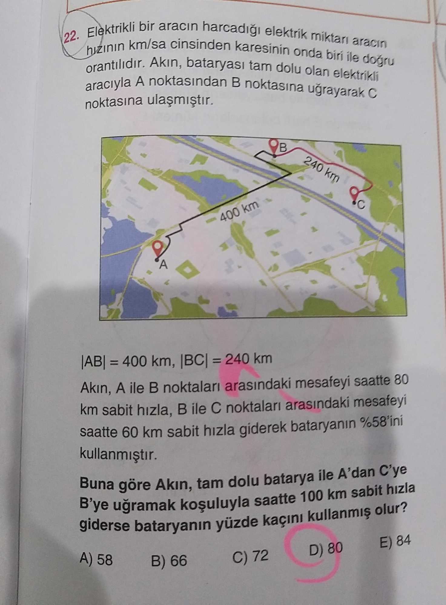 Elektrikli bir aracın harcadığı elektrik miktarı aracın hızının km/sa cinsinden karesinin onda biri