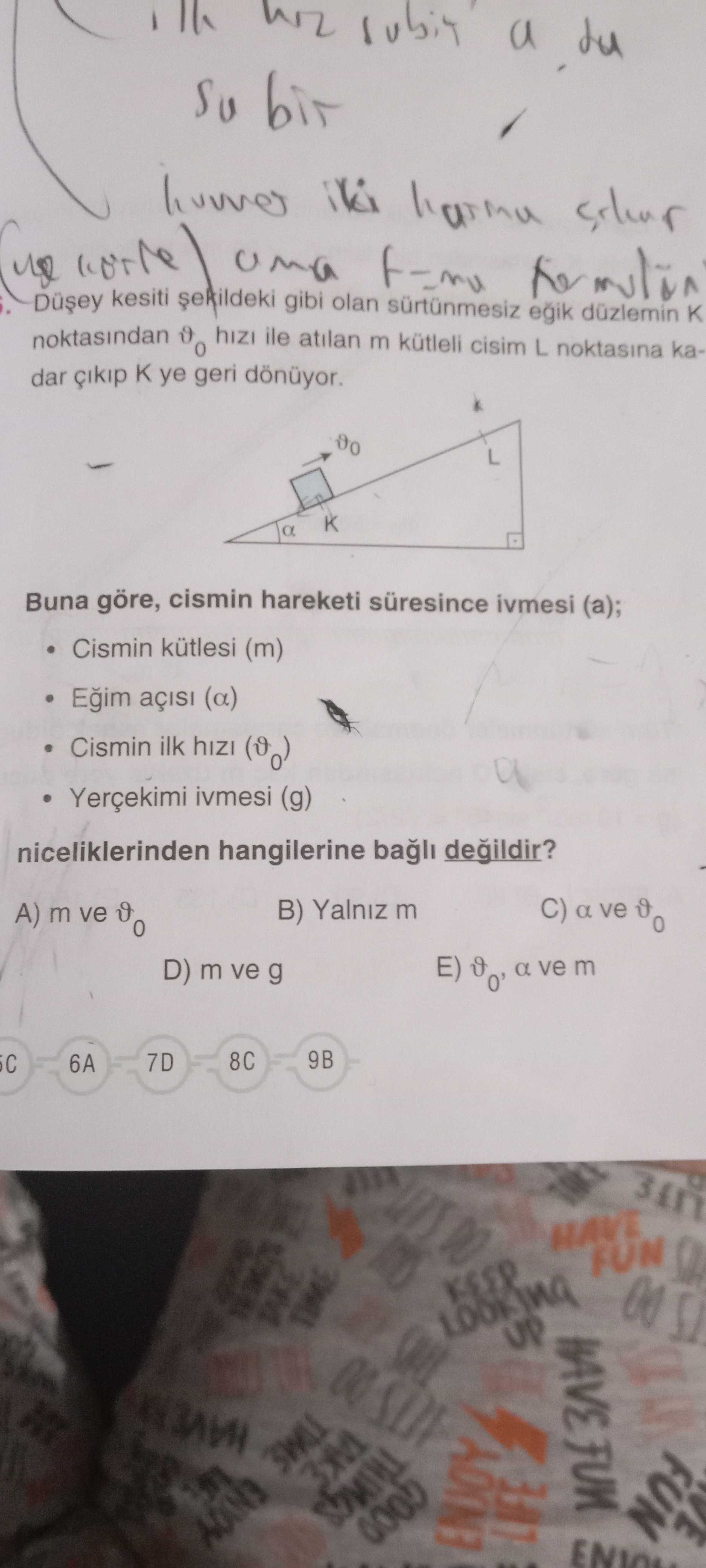 Düşey kesiti şekildeki gibi olan sürtünmesiz eğik düzlemin K noktasından ϑ₀ hızı ile atılan m