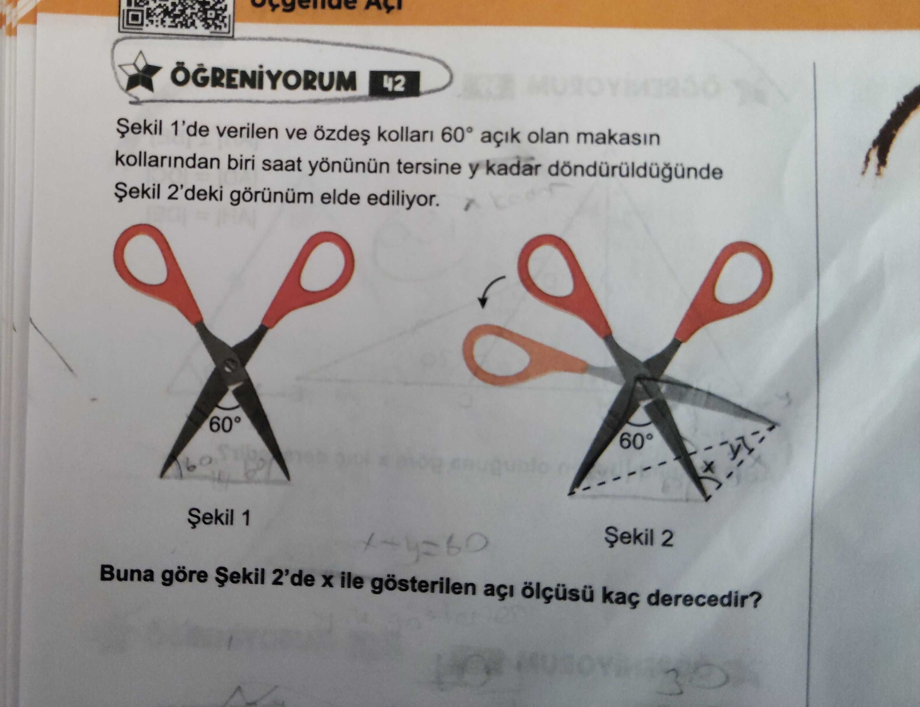 Şekil 1'de verilen ve özdeş kolları 60° açık olan makasın kollarından biri saat yönünün tersine y