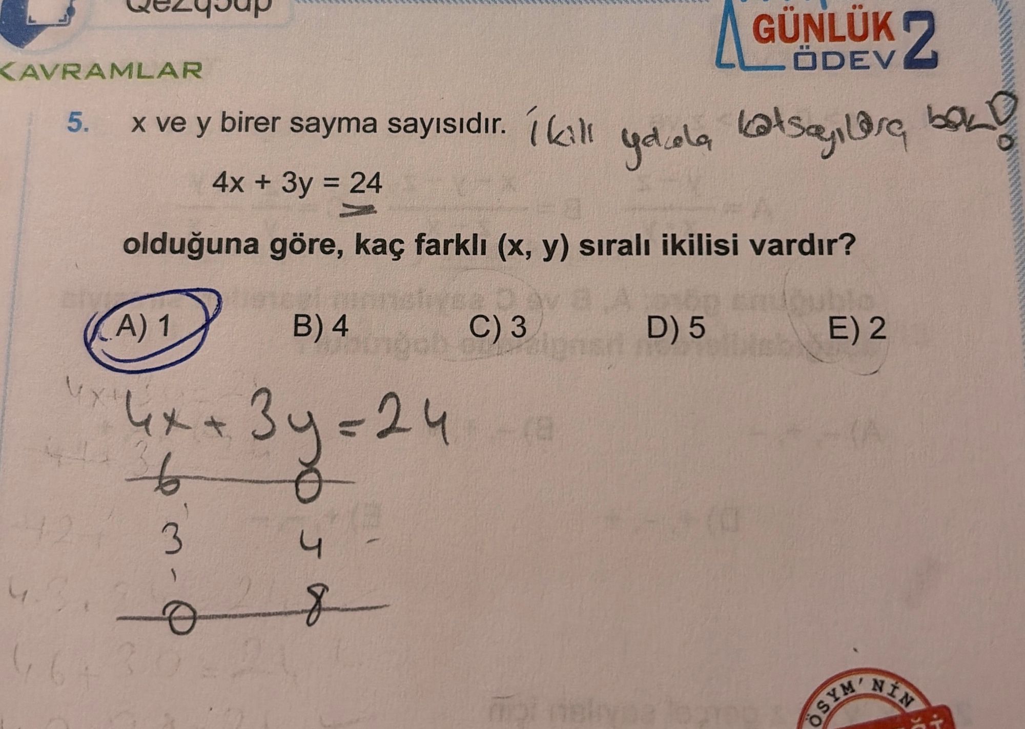x ve y birer sayma sayısıdır. 4x + 3y = 24 olduğuna göre, kaç farklı (x, y) sıralı ikilisi vardır?