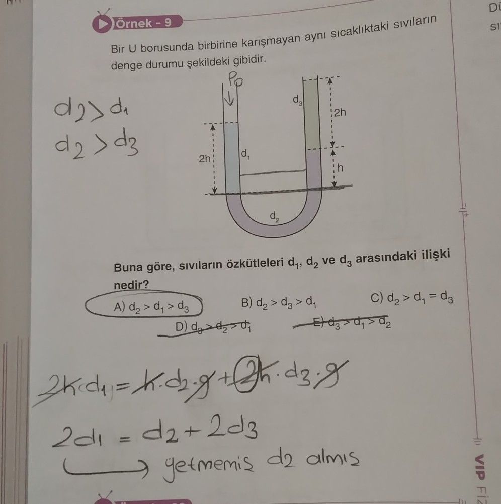 Bir U borusunda birbirine karışmayan aynı sıcaklıktaki sıvıların denge durumu şekildeki gibidir