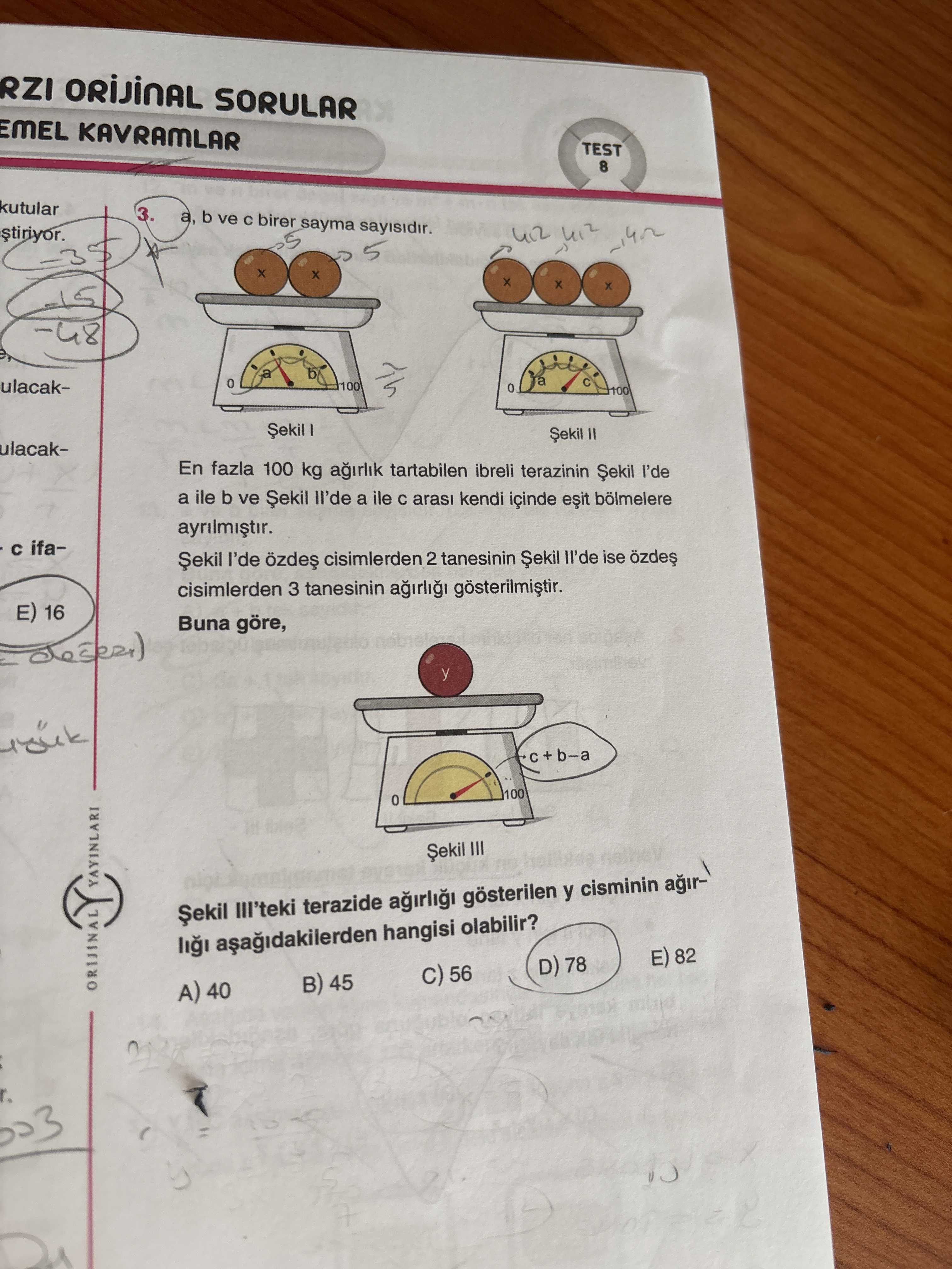 a, b ve c birer sayma sayısıdır. En fazla 100 kg ağırlık tartabilen ibreli terazinin Şekil I'de a