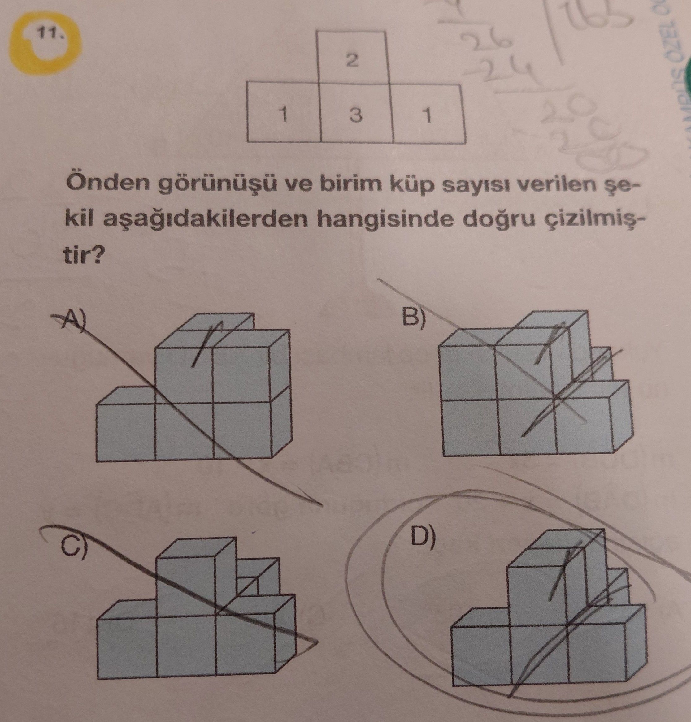 Önden görünüşü ve birim küp sayısı verilen şekil aşağıdakilerden hangisinde doğru çizilmiştir?