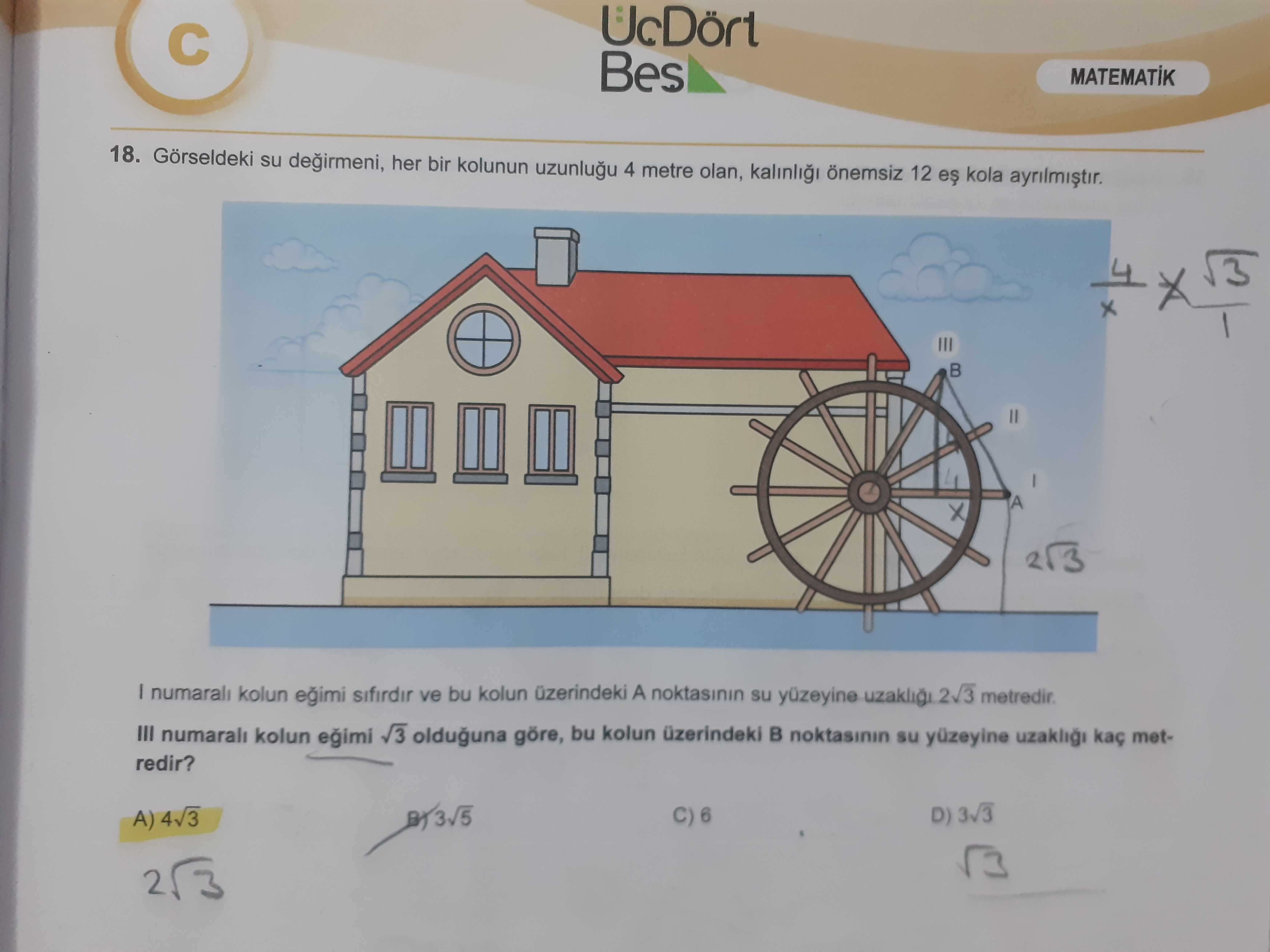 Görseldeki su değirmeni, her bir kolunun uzunluğu 4 metre olan, kalınlığı önemsiz 12 eş kola