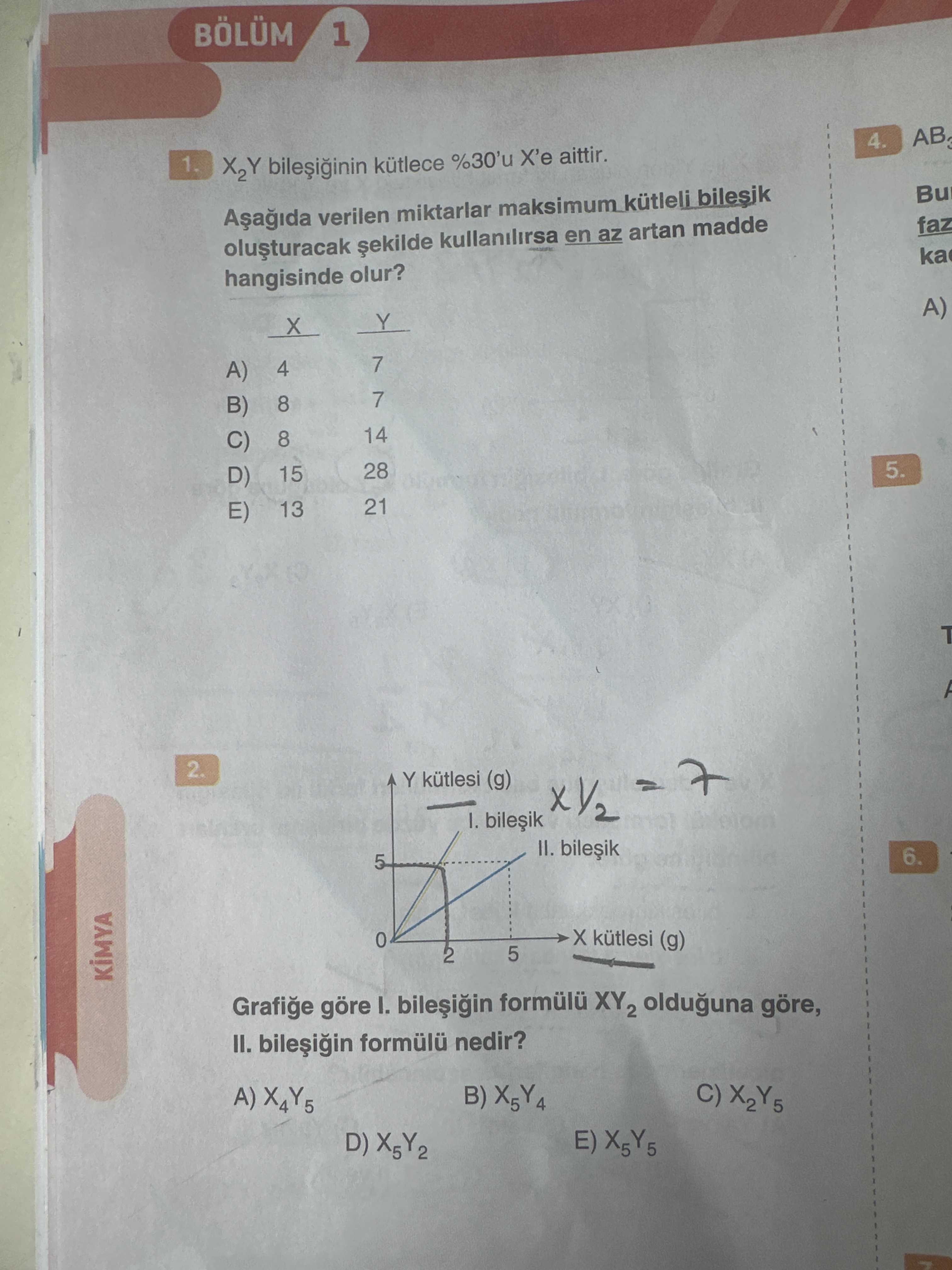 X₂Y bileşiğinin kütlece %30'u X'e aittir. Aşağıda verilen miktarlar maksimum kütleli bileşik