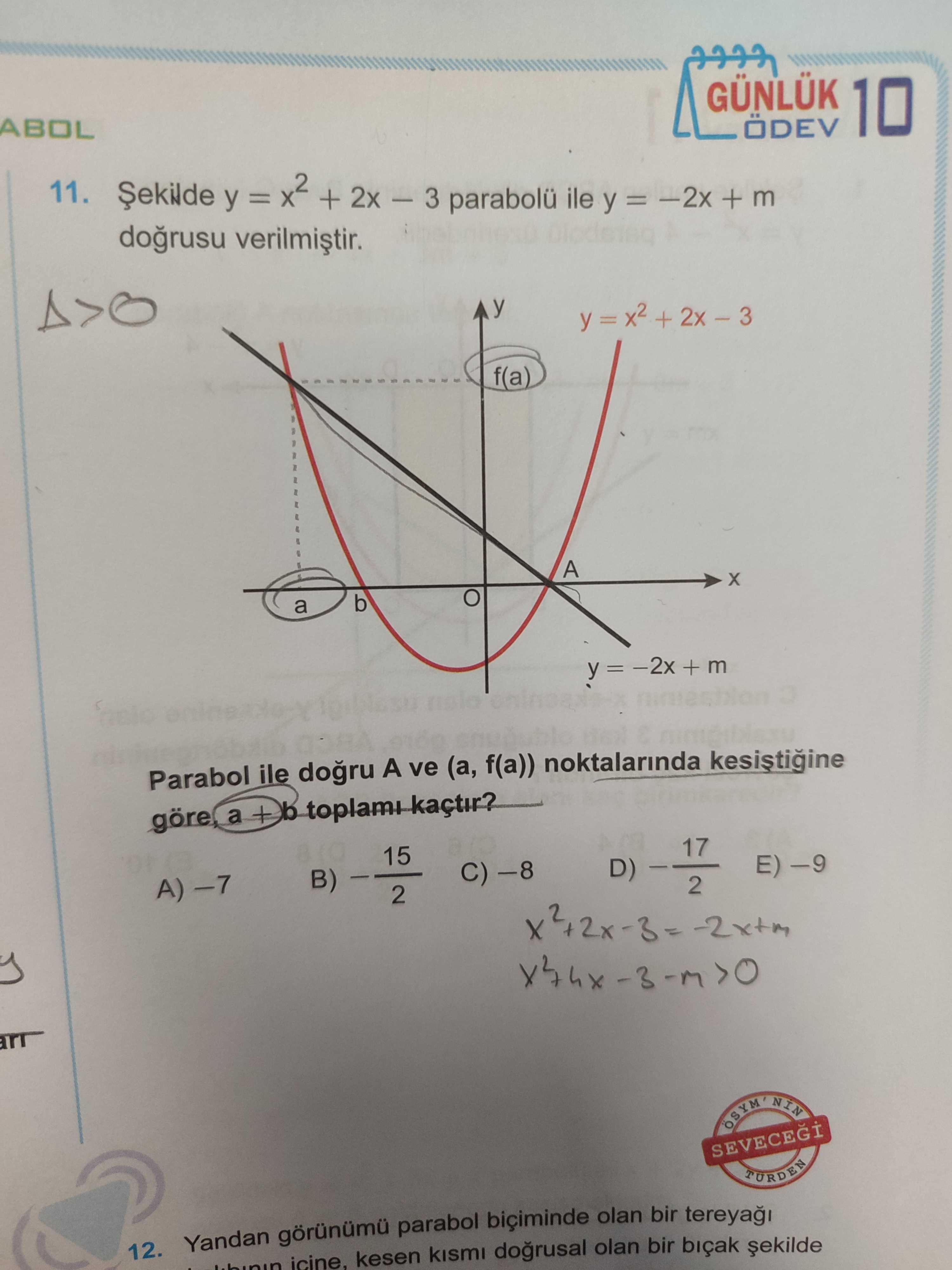 Şekilde y = x² + 2x − 3 parabolü ile y = −2x + m doğrusu verilmiştir. Parabol ile doğru A ve (a