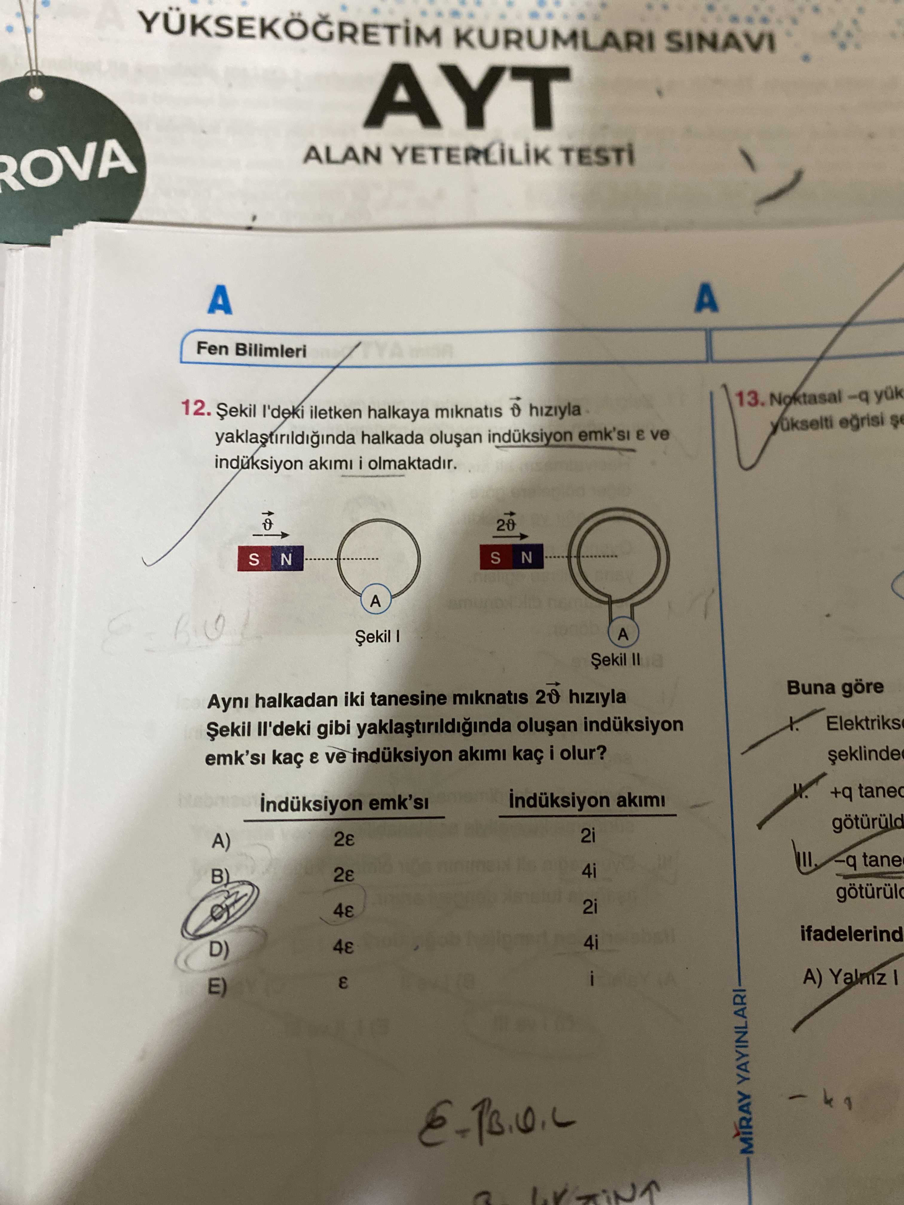 Şekil I'deki iletken halkaya mıknatıs θ hızıyla yaklaştırıldığında halkada oluşan indüksiyon emk'sı