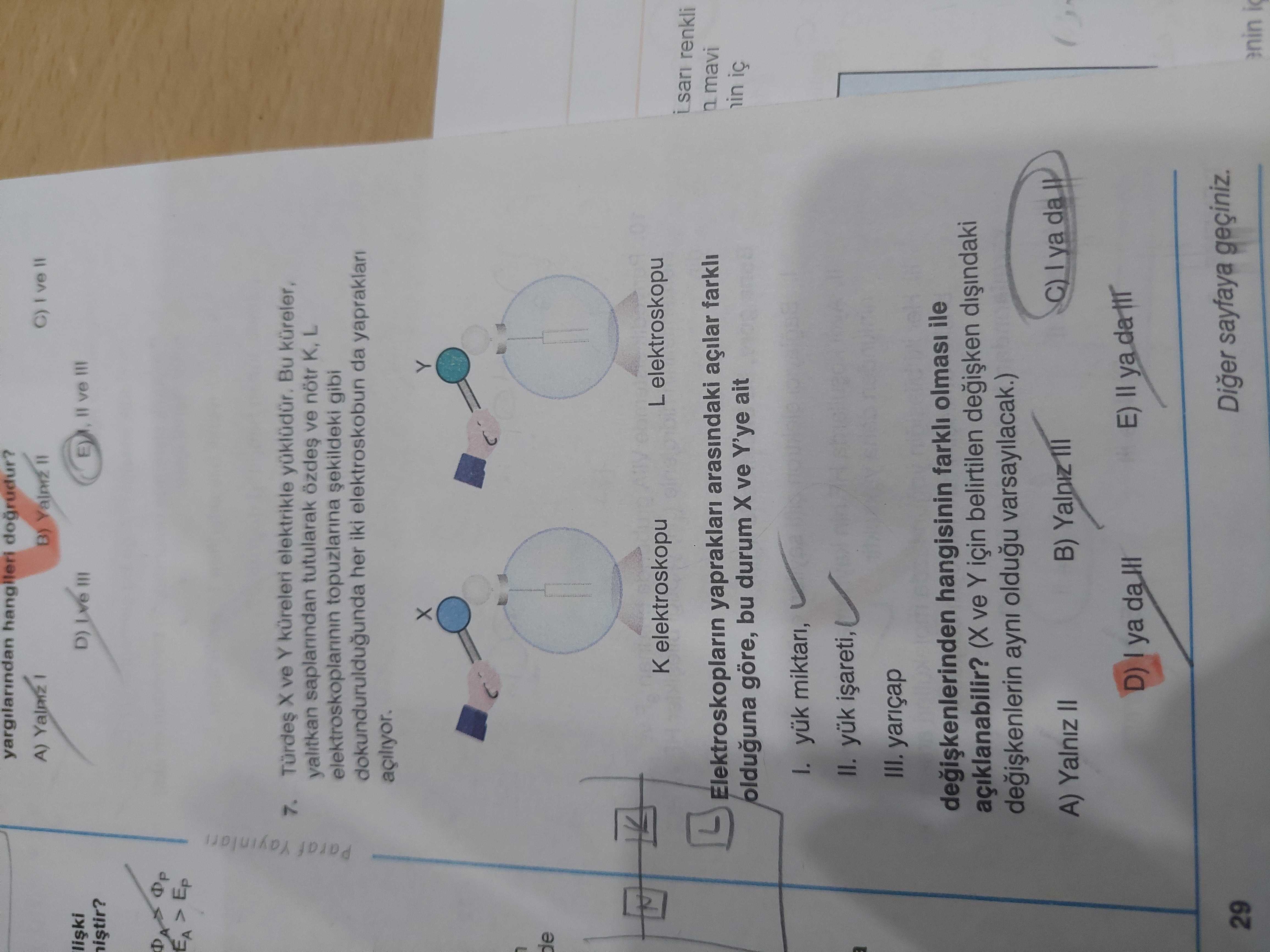 Türdeş X ve Y küreleri elektrikle yüklüdür. Bu küreler, yalıtkan saplarından tutularak özdeş ve nötr