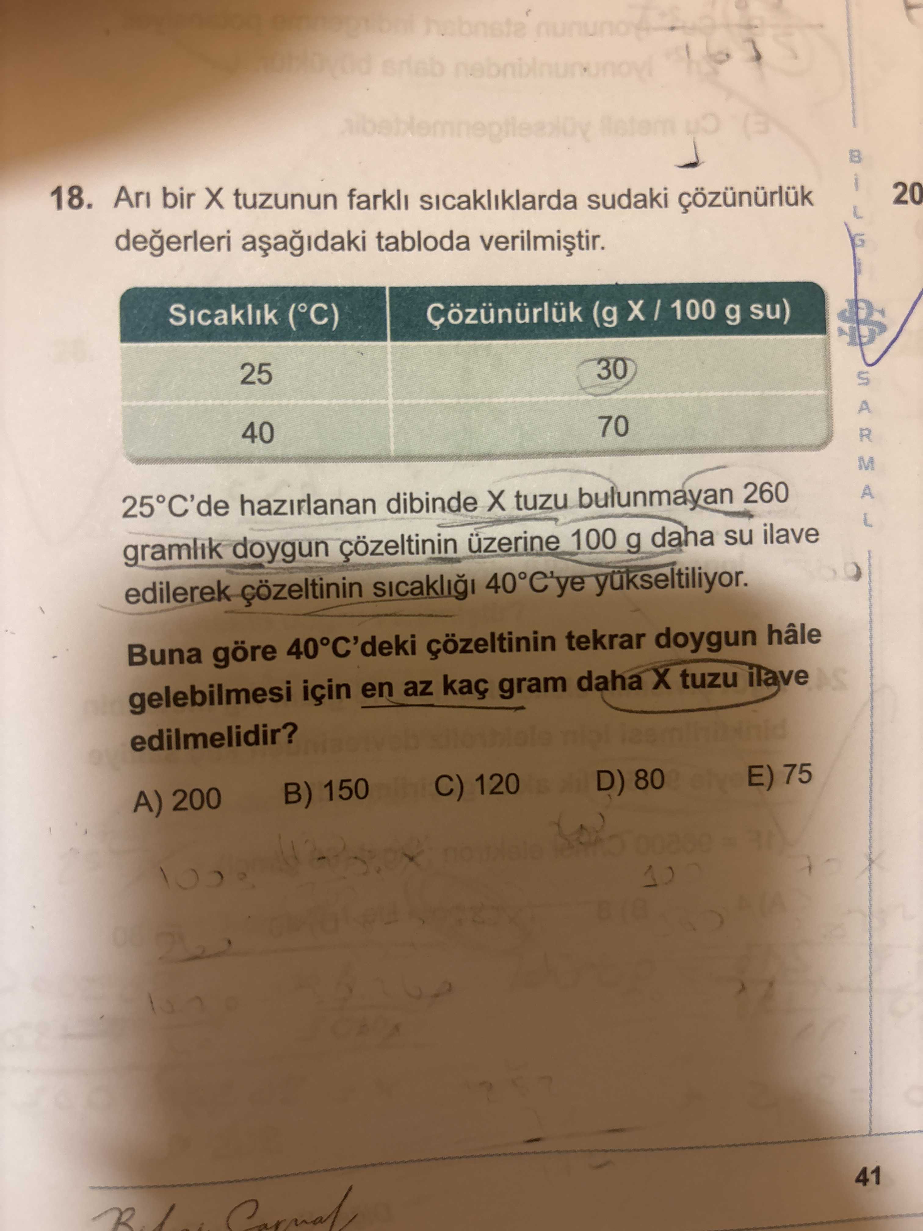 Arı bir X tuzunun farklı sıcaklıklarda sudaki çözünürlük değerleri aşağıdaki tabloda verilmiştir