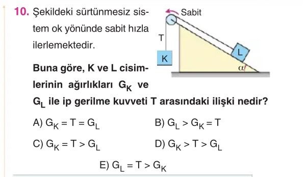 Şekildeki sürtünmesiz sistem ok yönünde sabit hızla ilerlemektedir. Buna göre, K ve L cisimlerinin