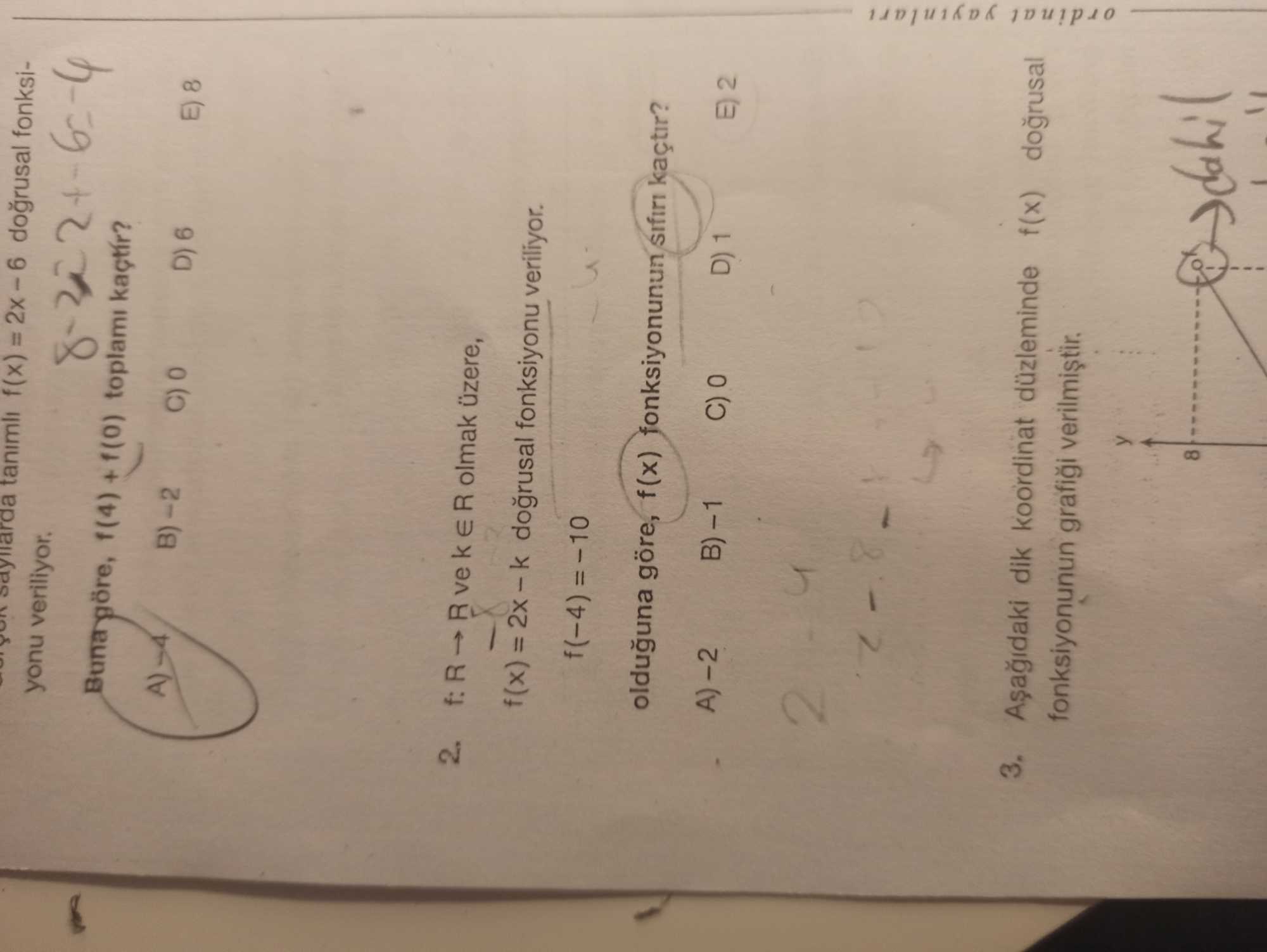 ...gerçek sayılarda tanımlı f(x) = 2x – 6 doğrusal fonksiyonu veriliyor. Buna göre, f(4) + f(0)