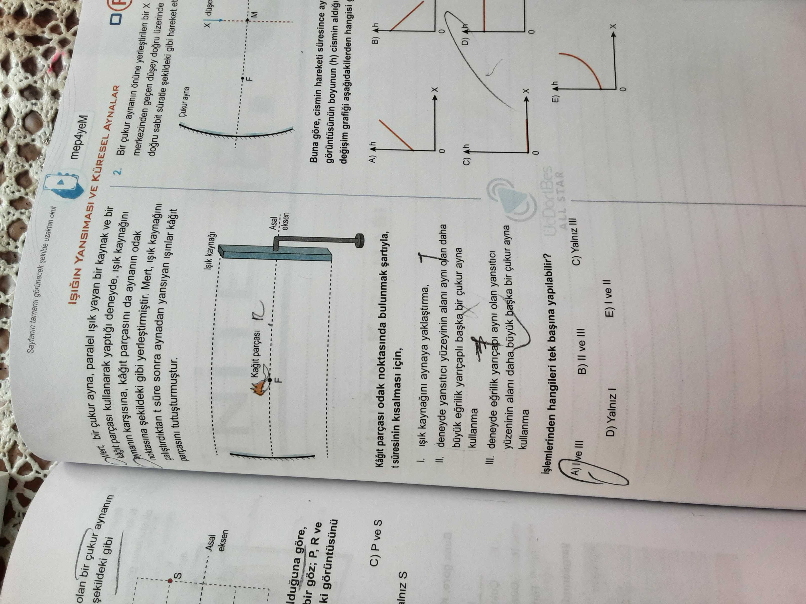 ...bir çukur ayna, paralel ışık yayan bir kaynak ve bir kağıt parçası kullanarak yaptığı deneyde