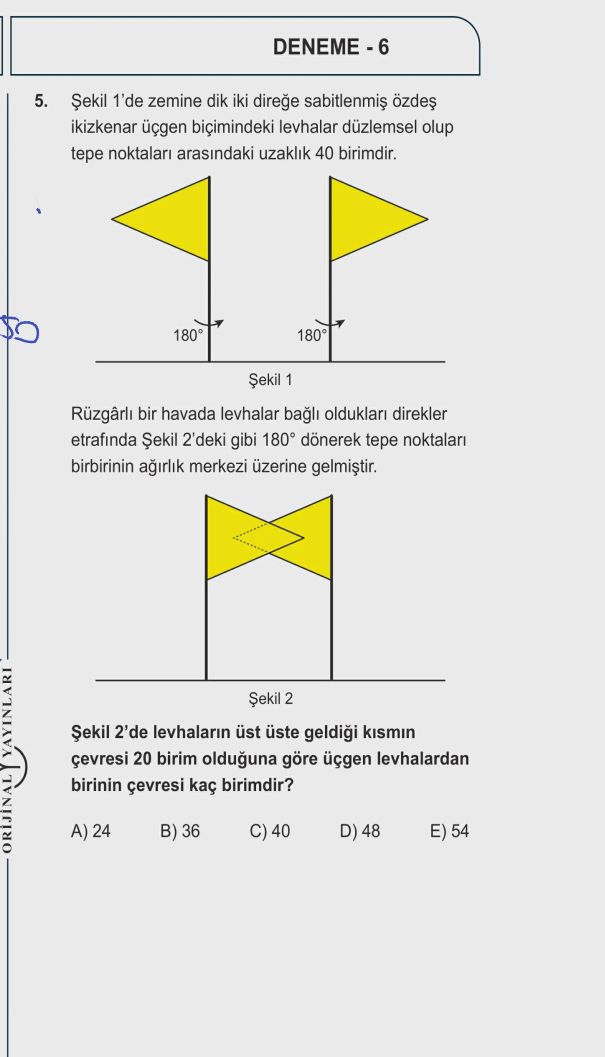 Şekil 1'de zemine dik iki direğe sabitlenmiş özdeş ikizkenar üçgen biçimindeki levhalar düzlemsel