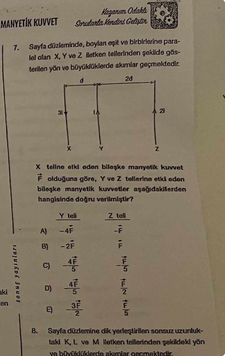 Sayfa düzleminde, boyları eşit ve birbirlerine paralel olan X, Y ve Z iletken tellerinden şekilde
