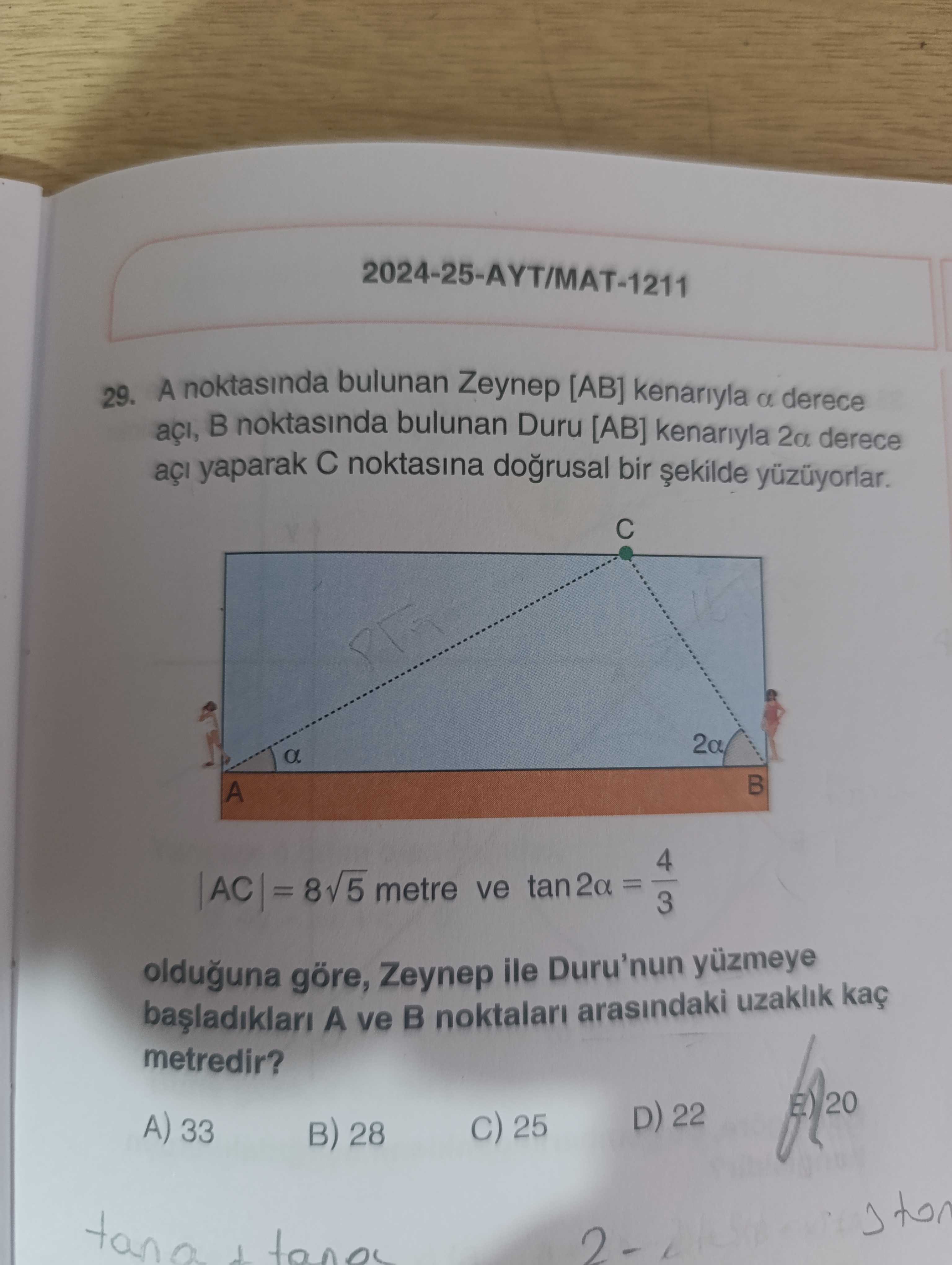 A noktasında bulunan Zeynep [AB] kenarıyla α derece açı, B noktasında bulunan Duru [AB] kenarıyla 2α derece açı yaparak C