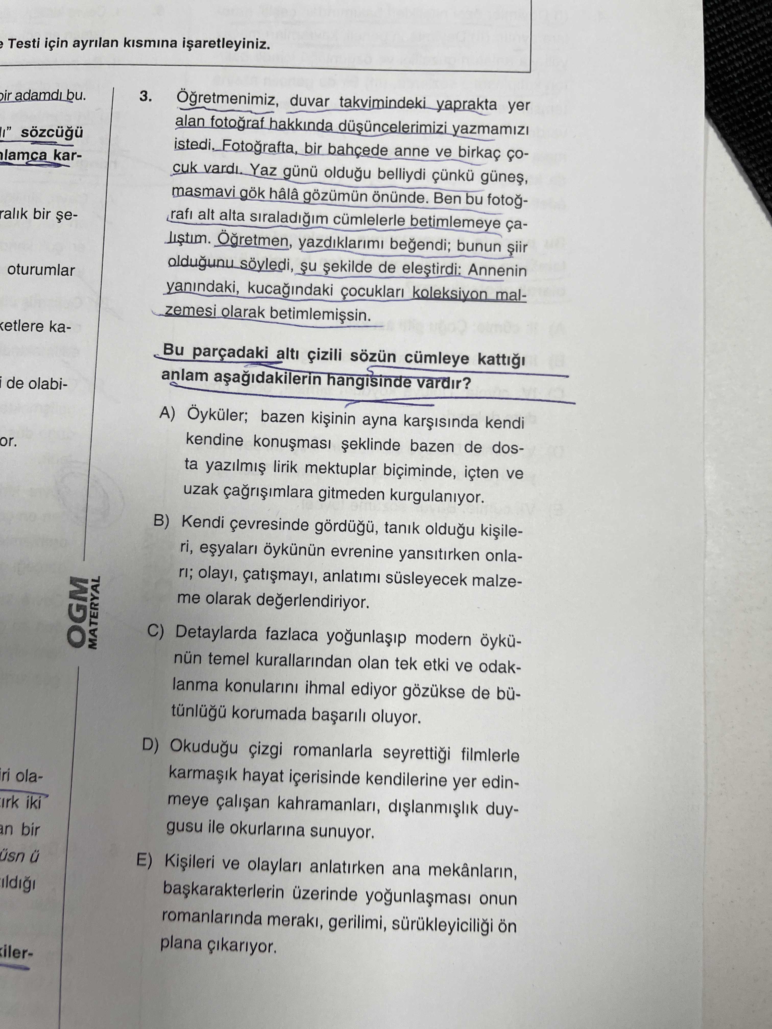 Öğretmenimiz, duvar takvimindeki yaprakta yer alan fotoğraf hakkında düşüncelerimizi yazmamızı