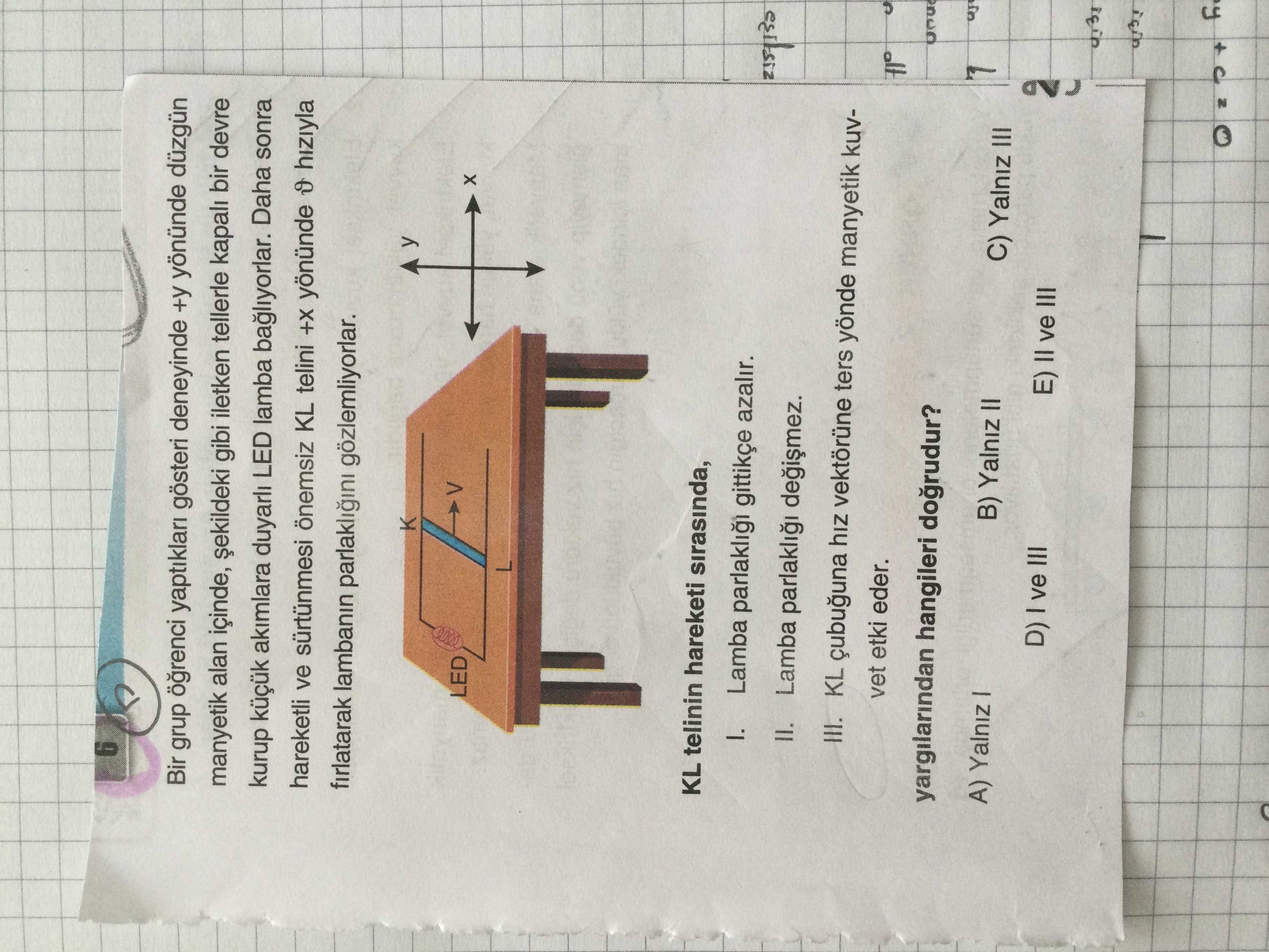 Bir grup öğrenci yaptıkları gösteri deneyinde +y yönünde düzgün manyetik alan içinde, şekildeki gibi