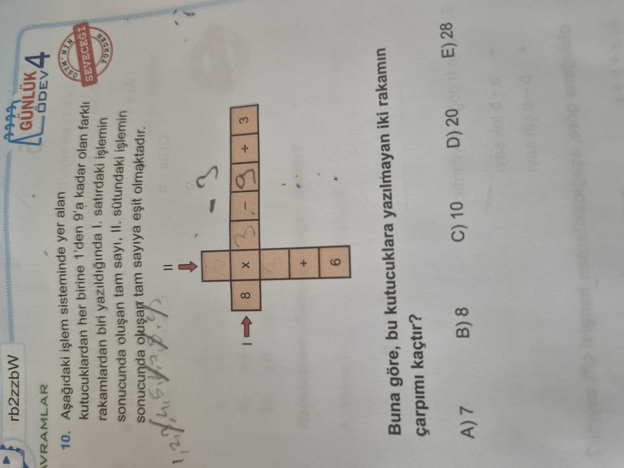 Aşağıdaki işlem sisteminde yer alan kutucuklardan her birine 1'den 9'a kadar olan farklı rakamlardan biri yazıldığında I