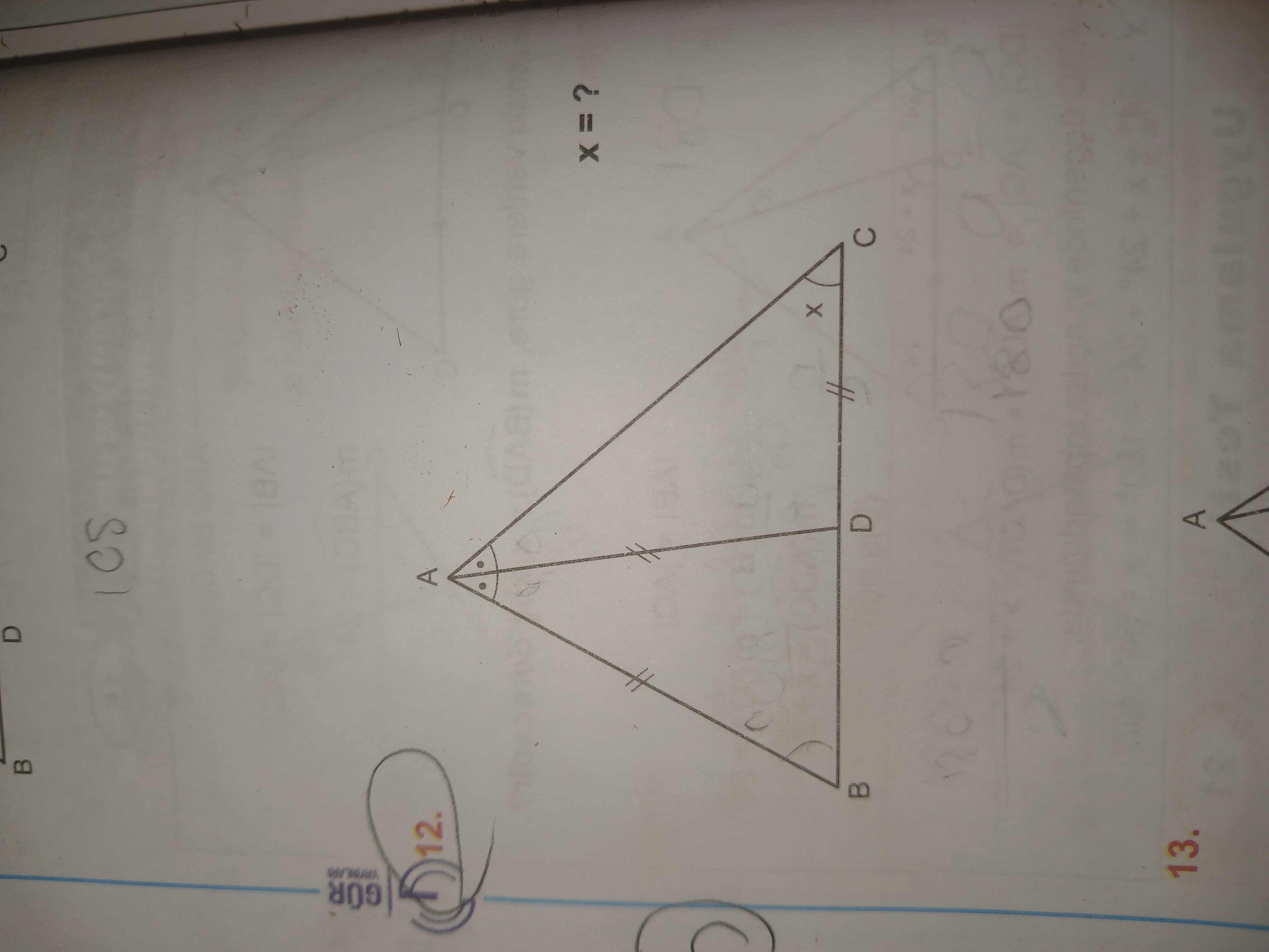 ABC üçgeninde AD açıortaydır. AD = DB olduğuna göre x = ?
