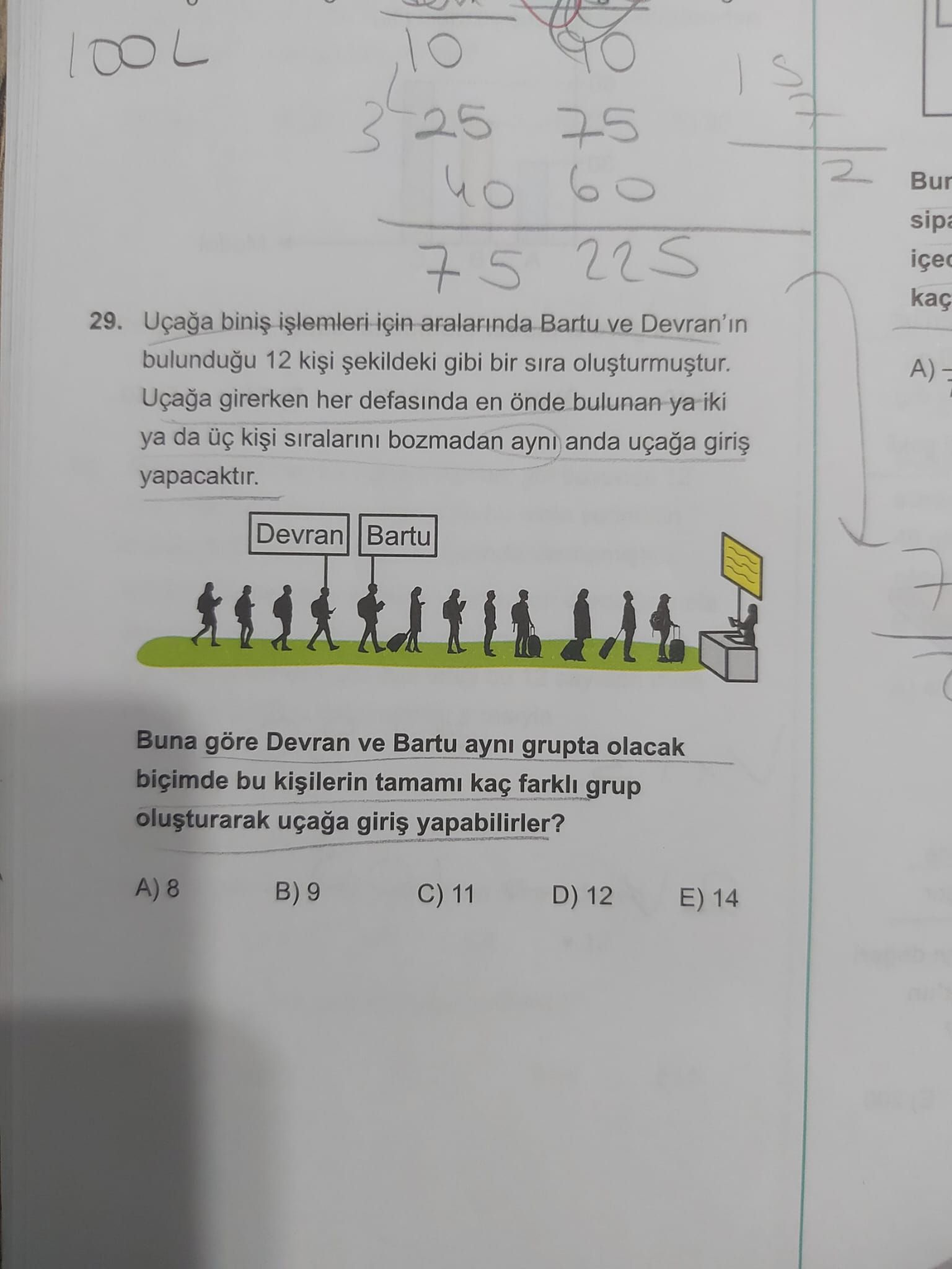 Uçağa biniş işlemleri için aralarında Bartu ve Devran'ın bulunduğu 12 kişi şekildeki gibi bir sıra