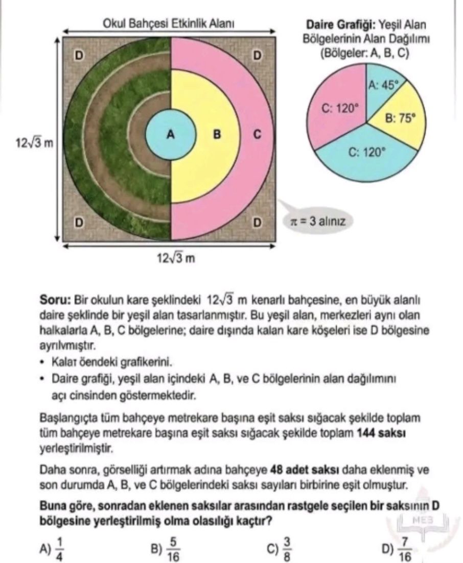 Soru: Bir okulun kare şeklindeki 12√3 m kenarlı bahçesine, en büyük alanlı daire şeklinde bir yeşil