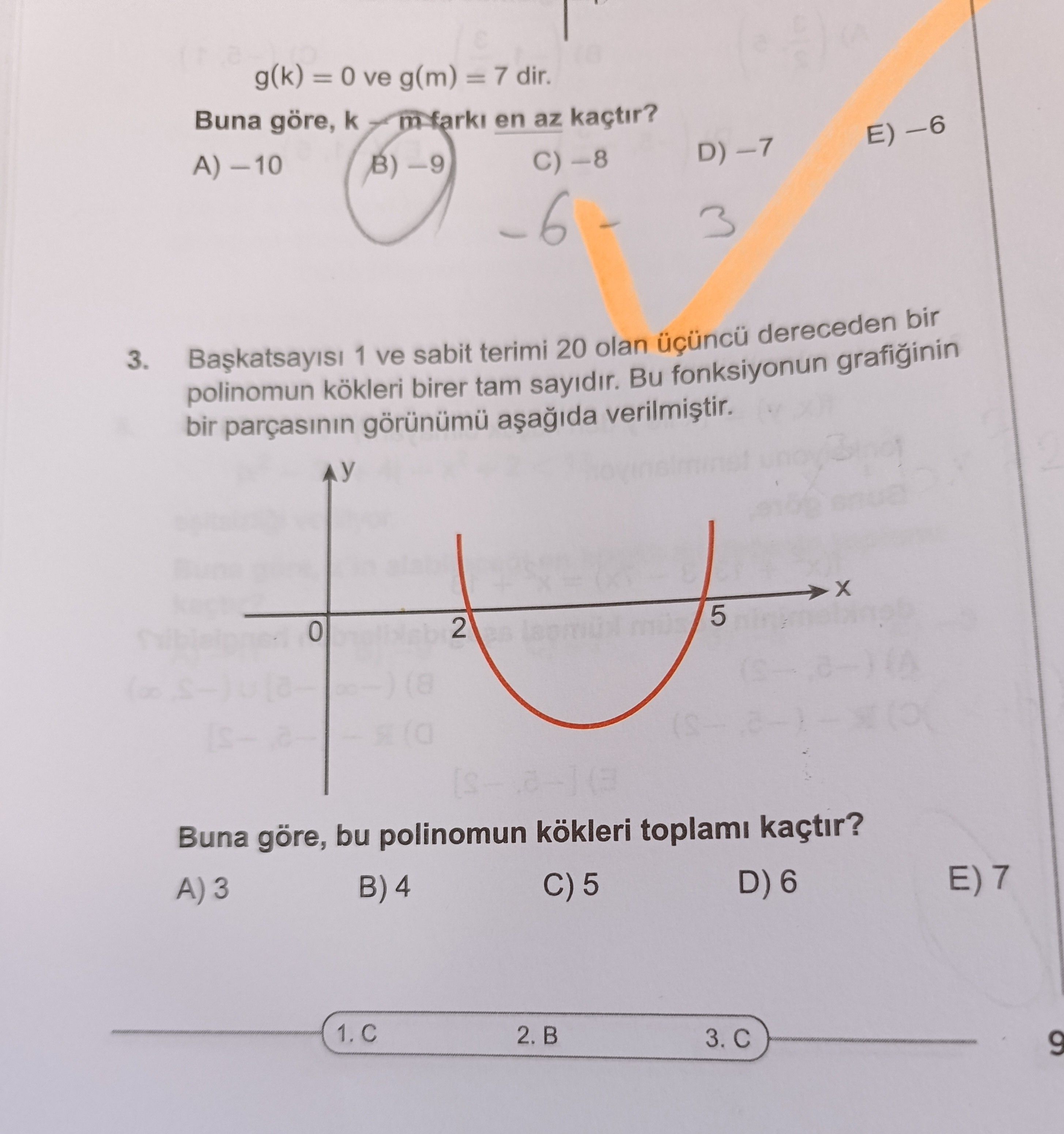 Başkatsayısı 1 ve sabit terimi 20 olan üçüncü dereceden bir polinomun kökleri birer tam sayıdır. Bu