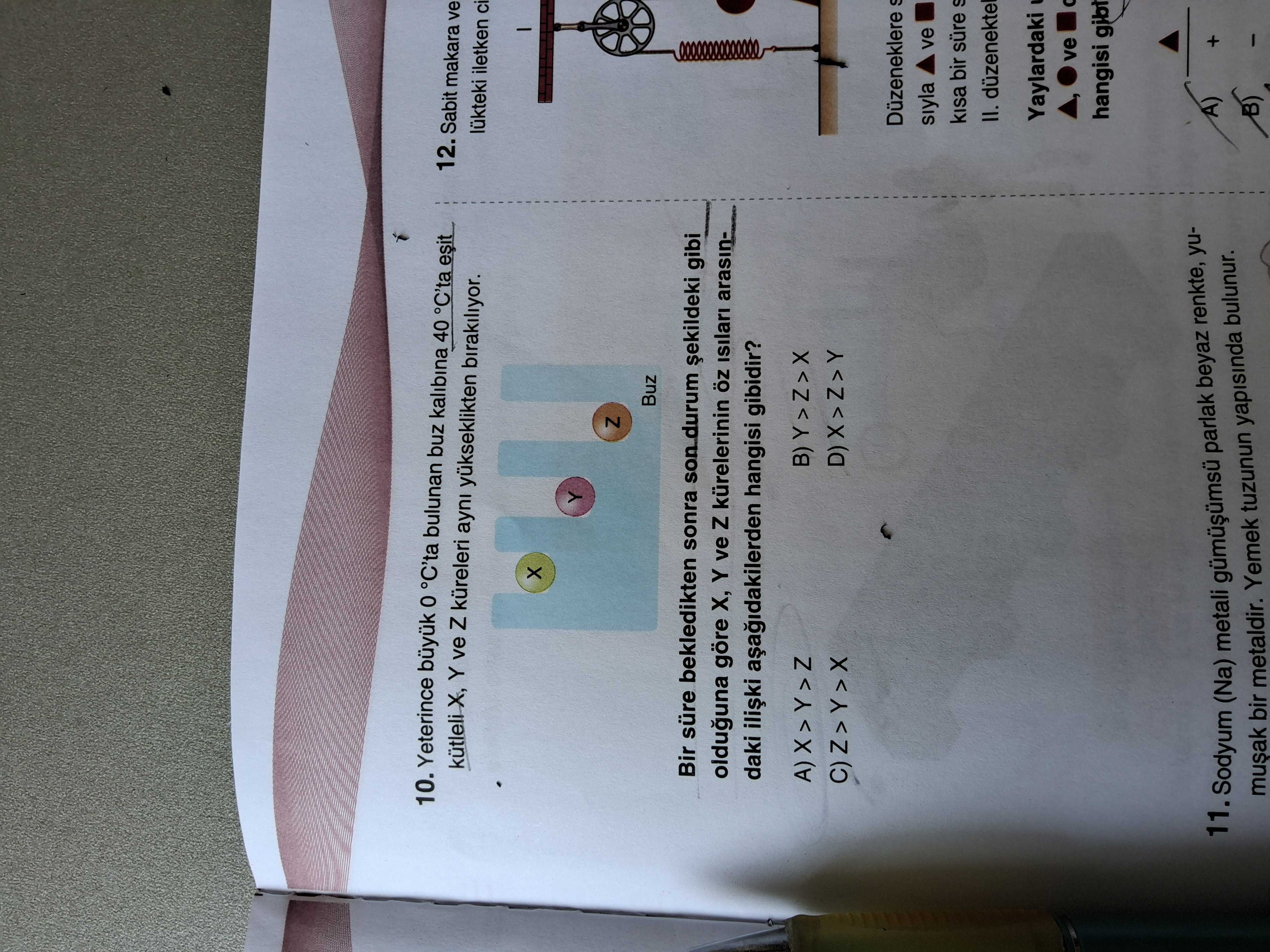 Yeterince büyük 0 °C'ta bulunan buz kalıbına 40 °C'ta eşit kütleli X, Y ve Z küreleri aynı