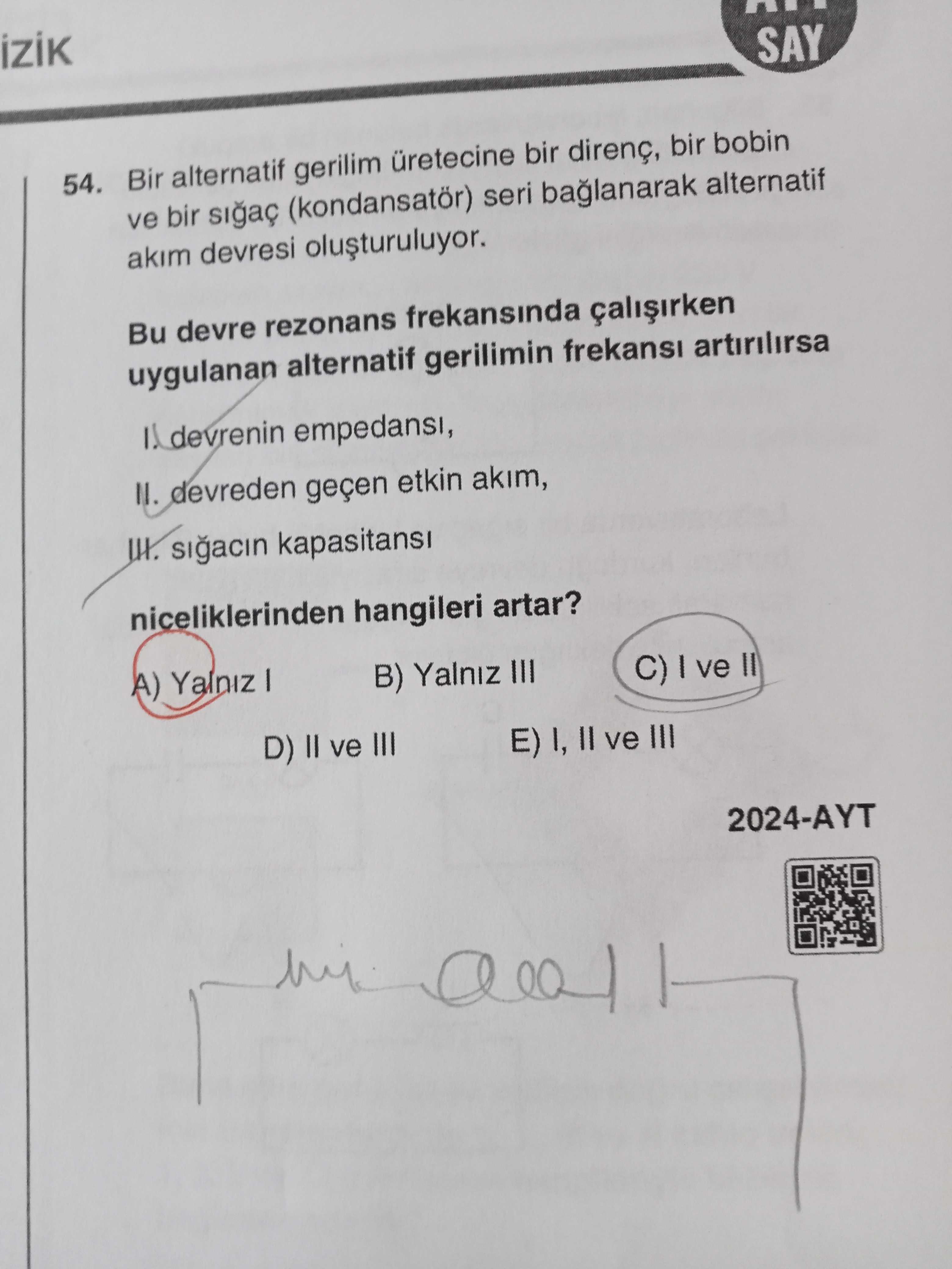 Bir alternatif gerilim üretecine bir direnç, bir bobin ve bir sığaç (kondansatör) seri bağlanarak