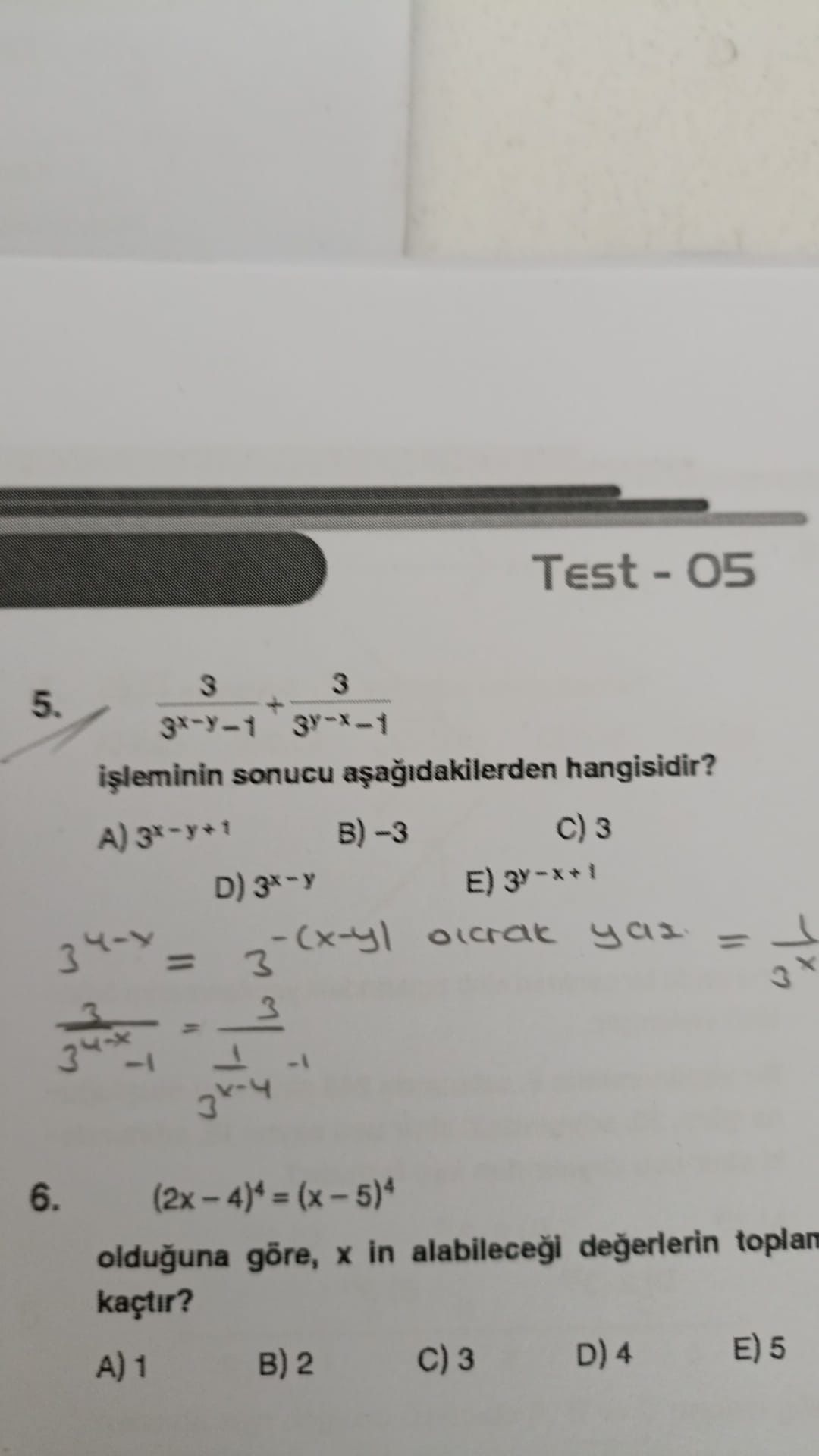 3/(3^(x-y)-1) + 3/(3^(y-x)-1) işleminin sonucu aşağıdakilerden hangisidir?