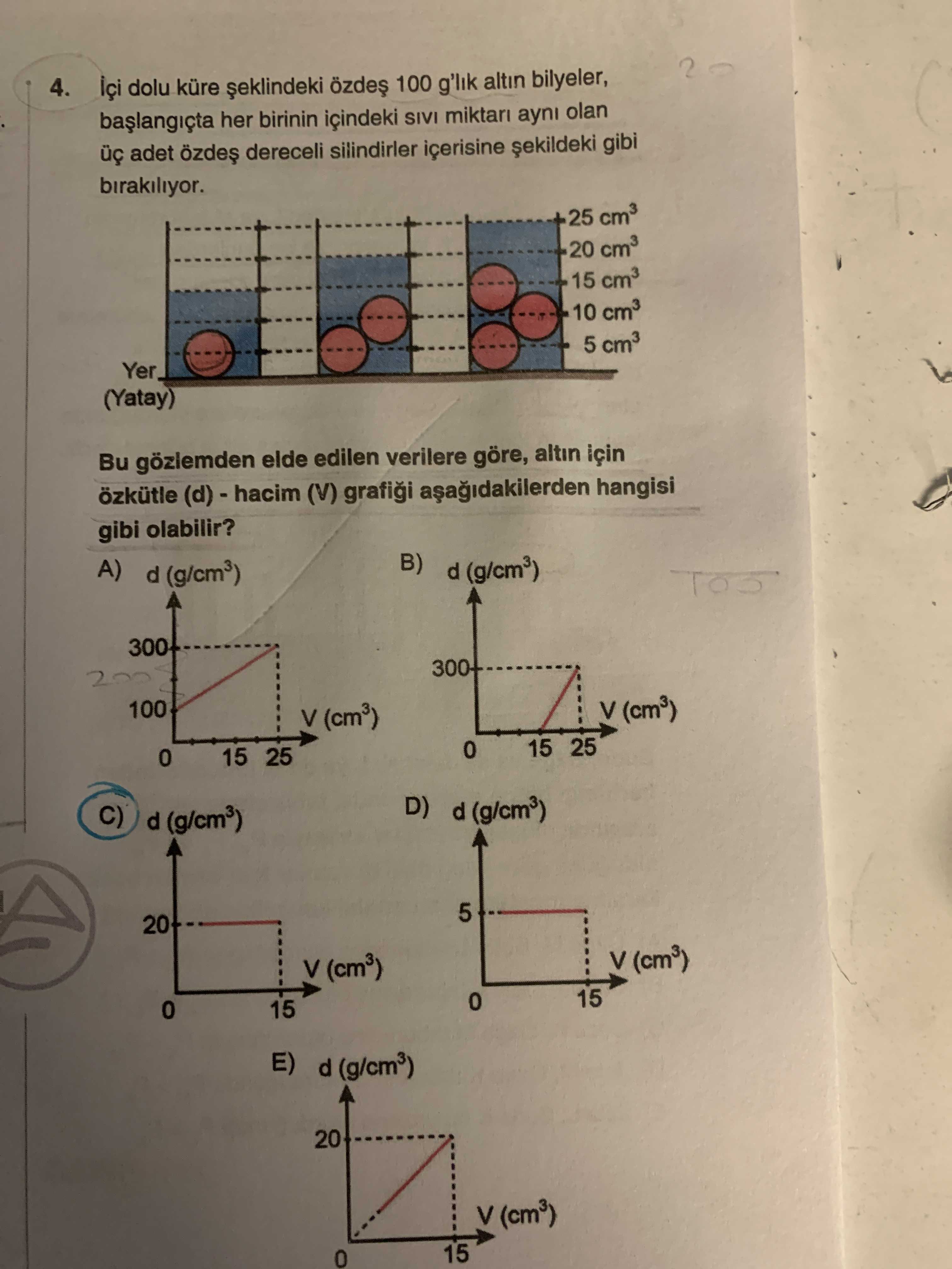 İçi dolu küre şeklindeki özdeş 100 g'lık altın bilyeler, başlangıçta her birinin içindeki sıvı