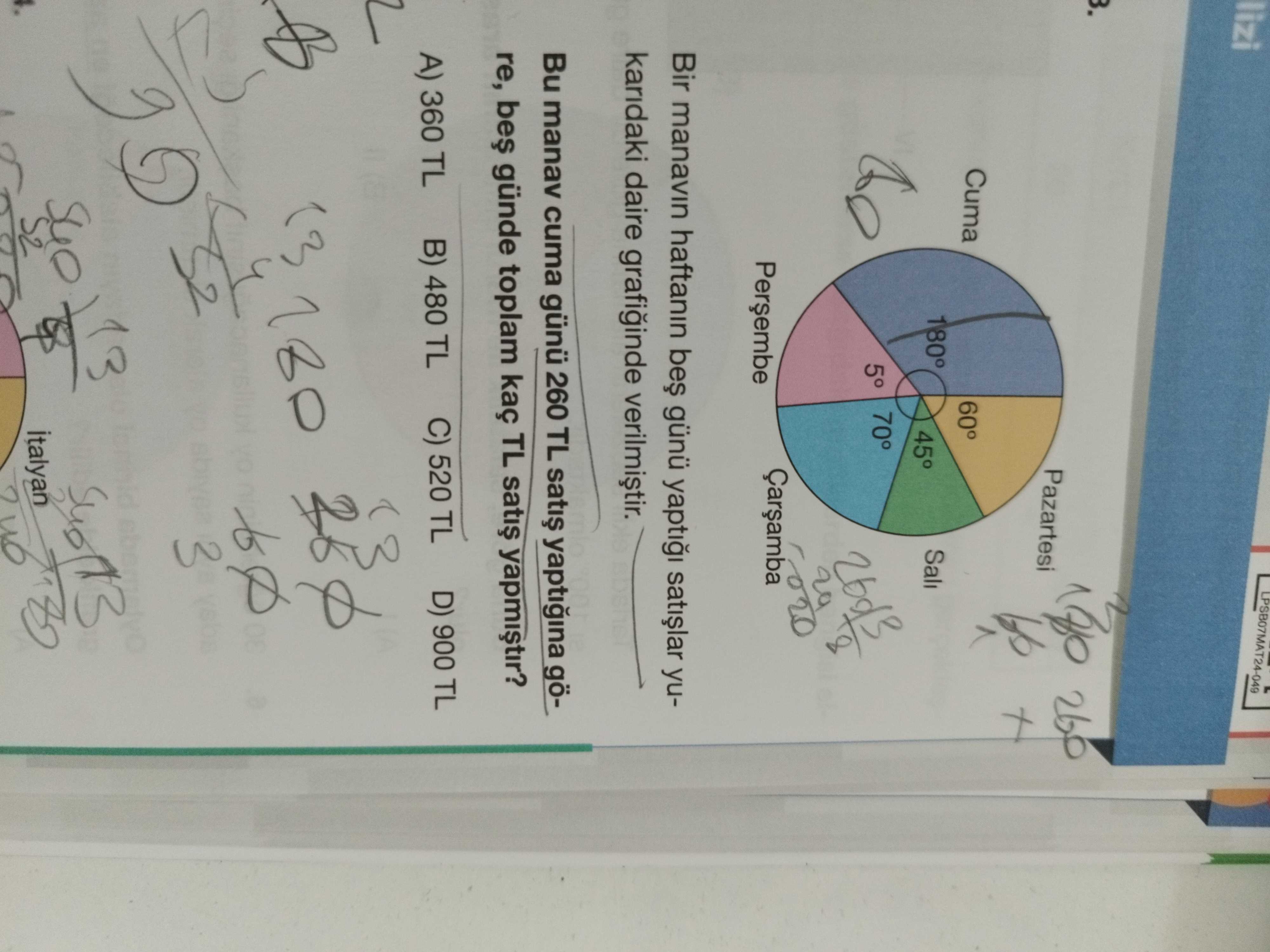 Bir manavın haftanın beş günü yaptığı satışlar yukardaki daire grafiğinde verilmiştir. Bu manav cuma