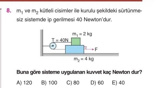 m₁ ve m₂ kütleli cisimler ile kurulu şekildeki sürtünmesiz sistemde ip gerilmesi 40 Newton'dur. Buna
