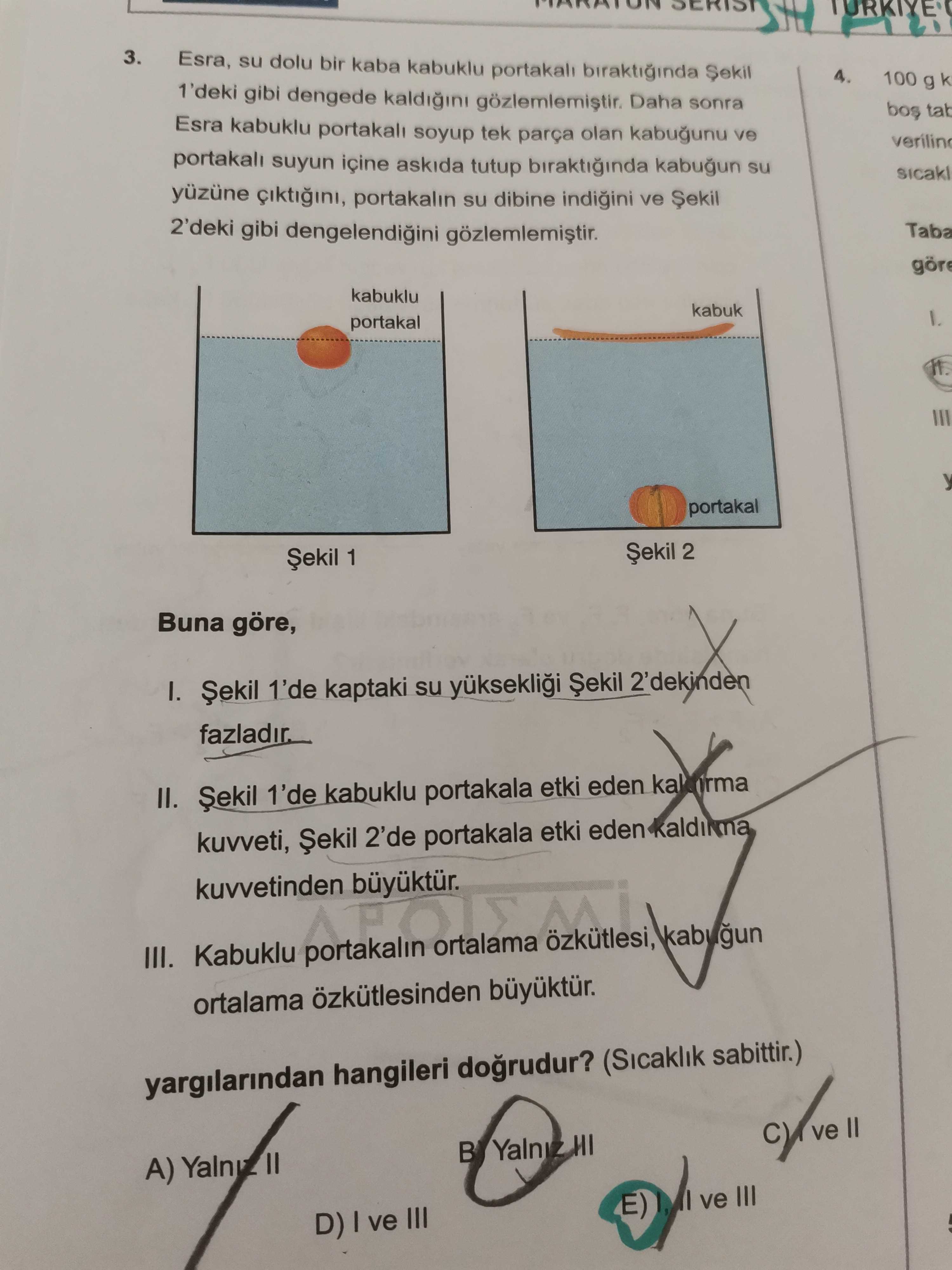 Esra, su dolu bir kaba kabuklu portakalı bıraktığında Şekil 1'deki gibi dengede kaldığını