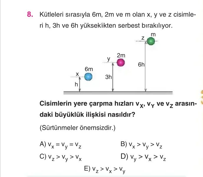 Kütleleri sırasıyla 6m, 2m ve m olan x, y ve z cisimlerini h, 3h ve 6h yükseklikten serbest